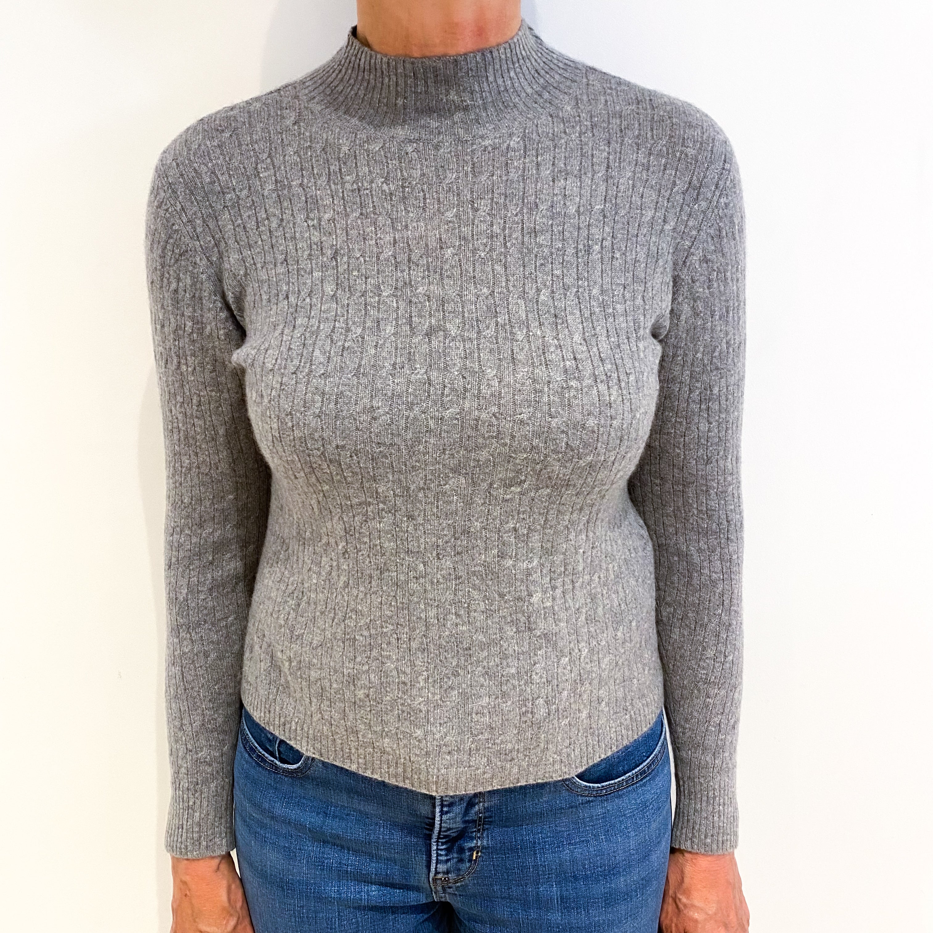 Smoke Grey Cashmere Cable Turtle Neck Jumper Medium