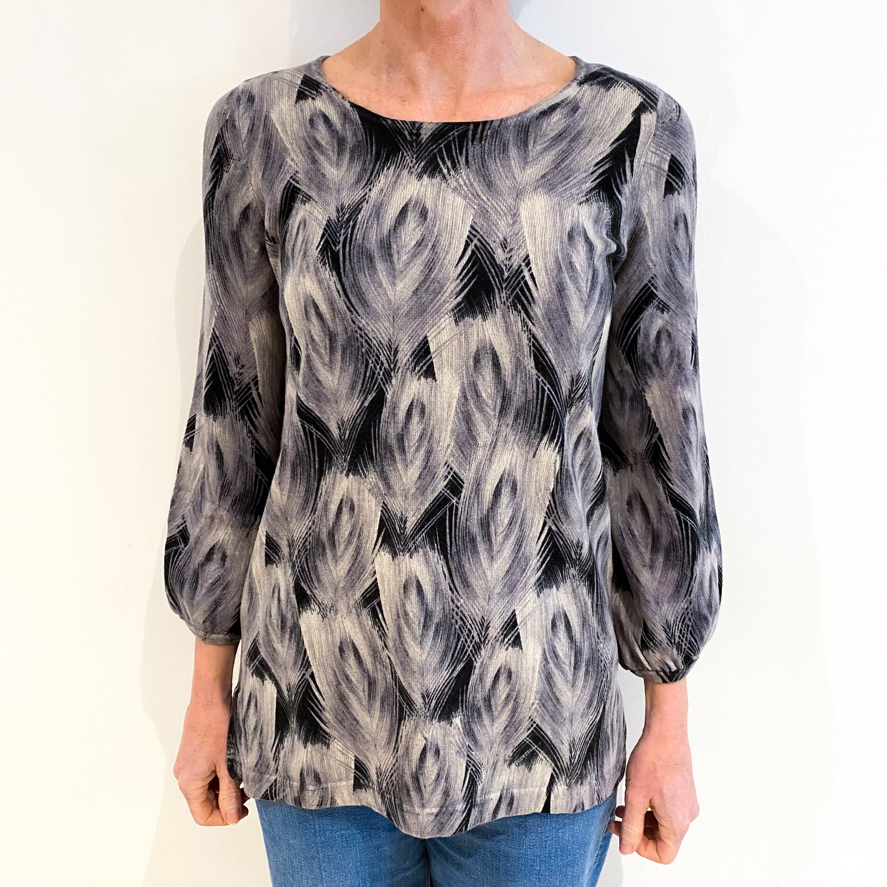 Grey Feather Pattern Cashmere Crew Neck Tunic Style Jumper Small