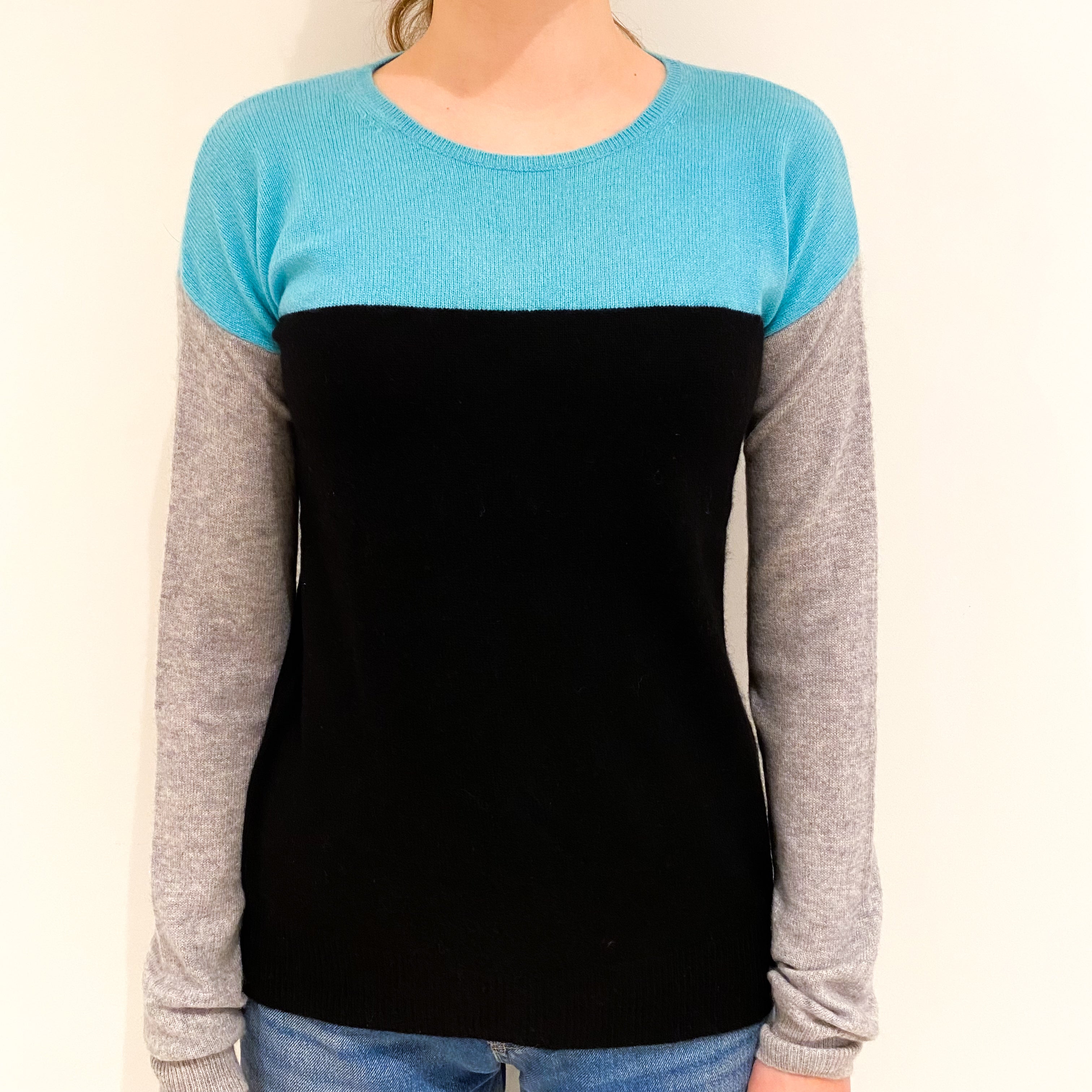 Grey, Black and Blue Colour Block Cashmere Crew Neck Jumper Extra Small