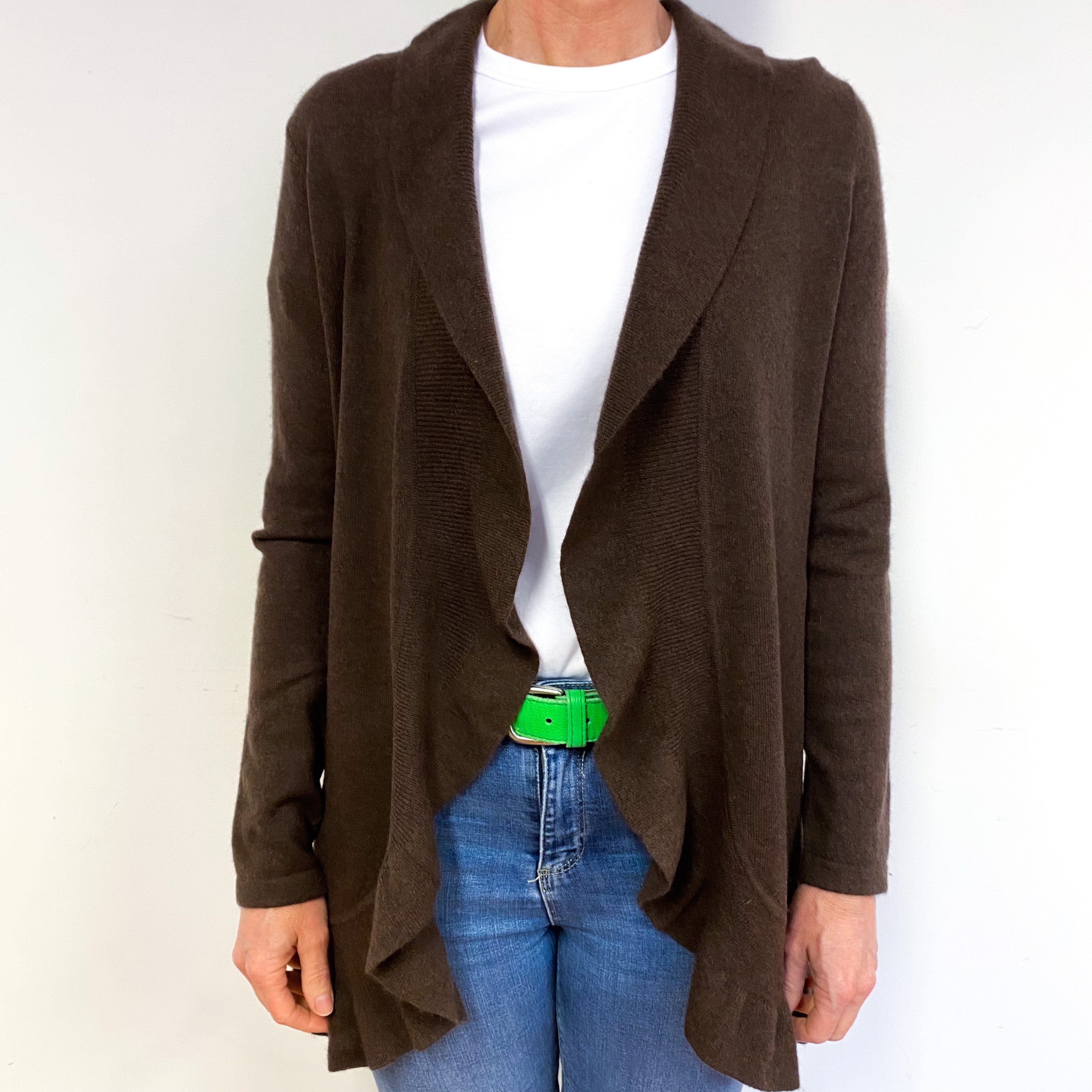 Umber Brown Ruffle Cashmere Edge to Edge Cardigan Medium