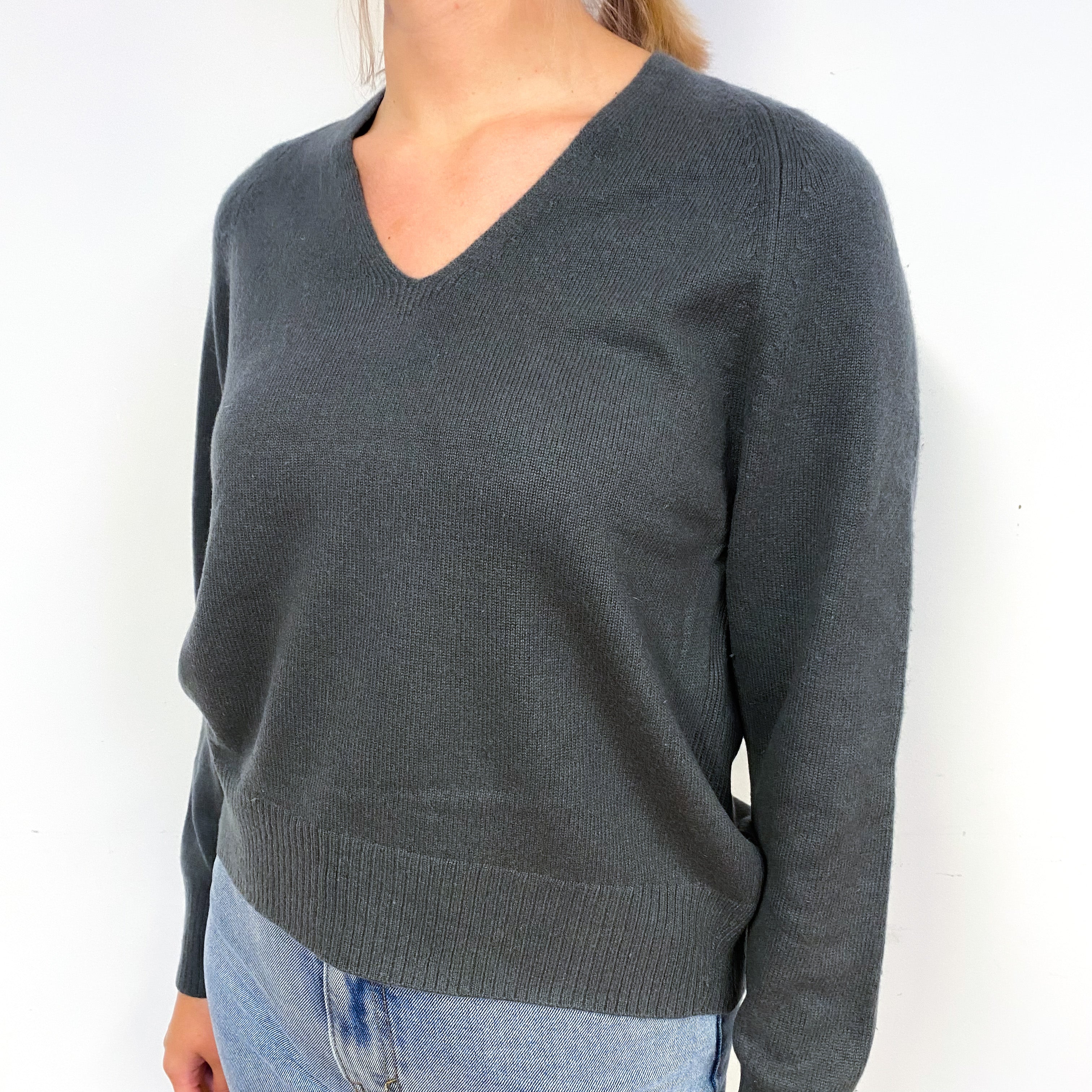 Vince Dark Khaki Green Cashmere V-Neck Jumper Small