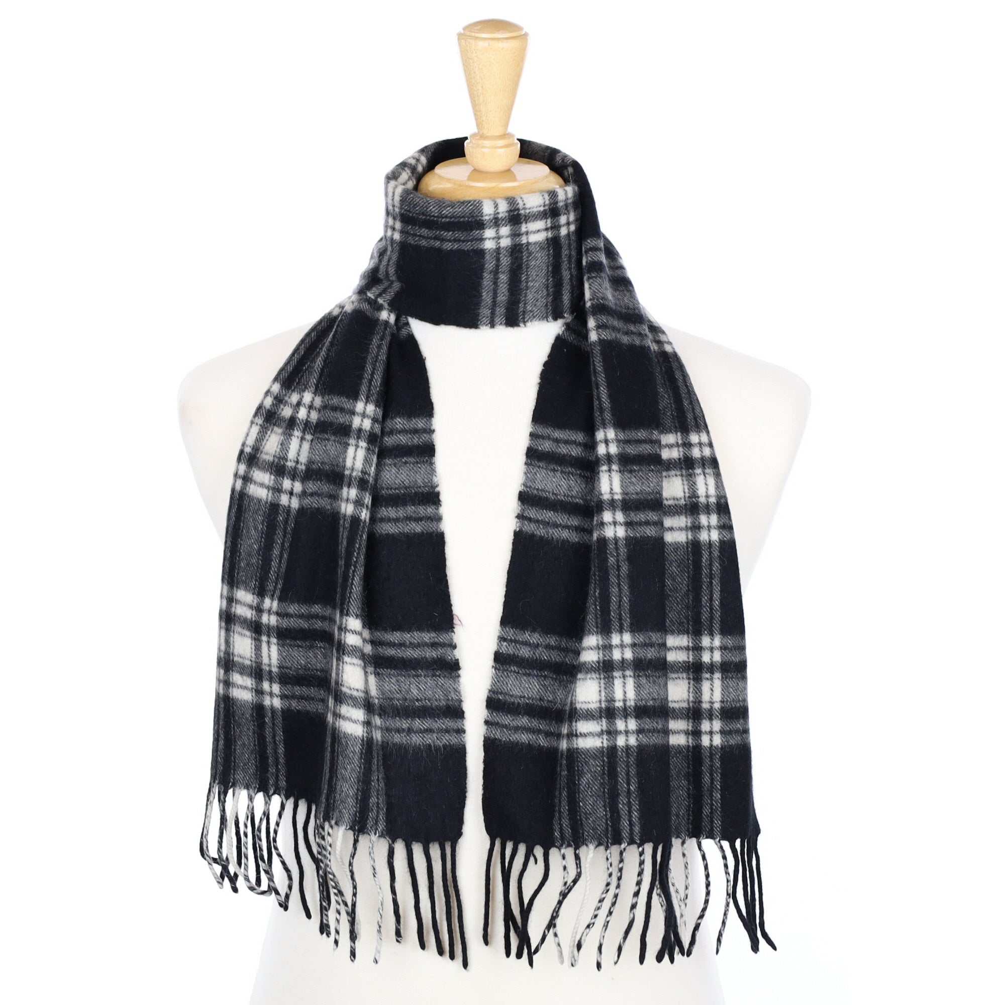 Black and Cream Checked Cashmere Fringed Woven Scarf