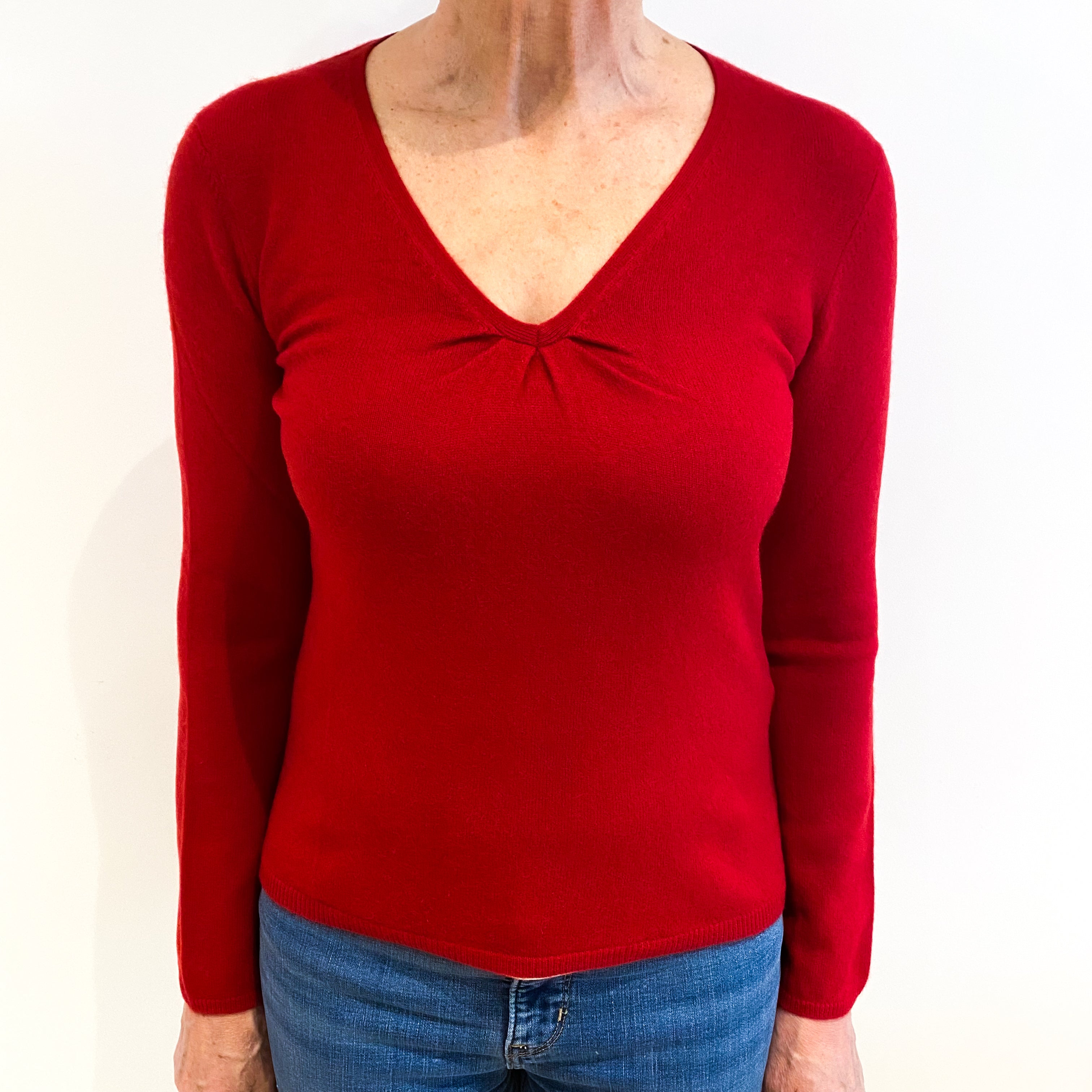 Post Box Red Cashmere V-Neck Jumper Medium