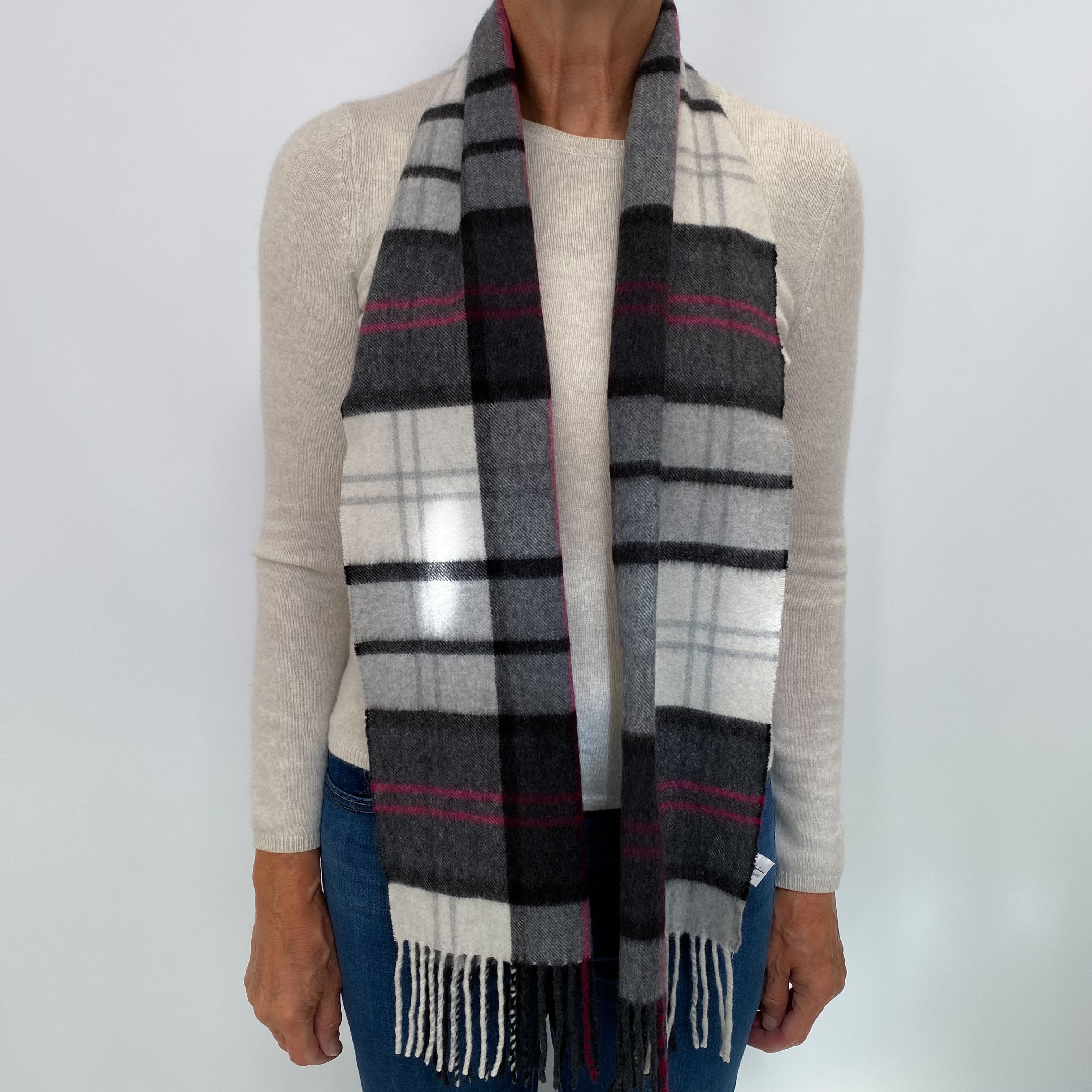 Grey and Magenta Checked Fringed Cashmere Woven Scarf