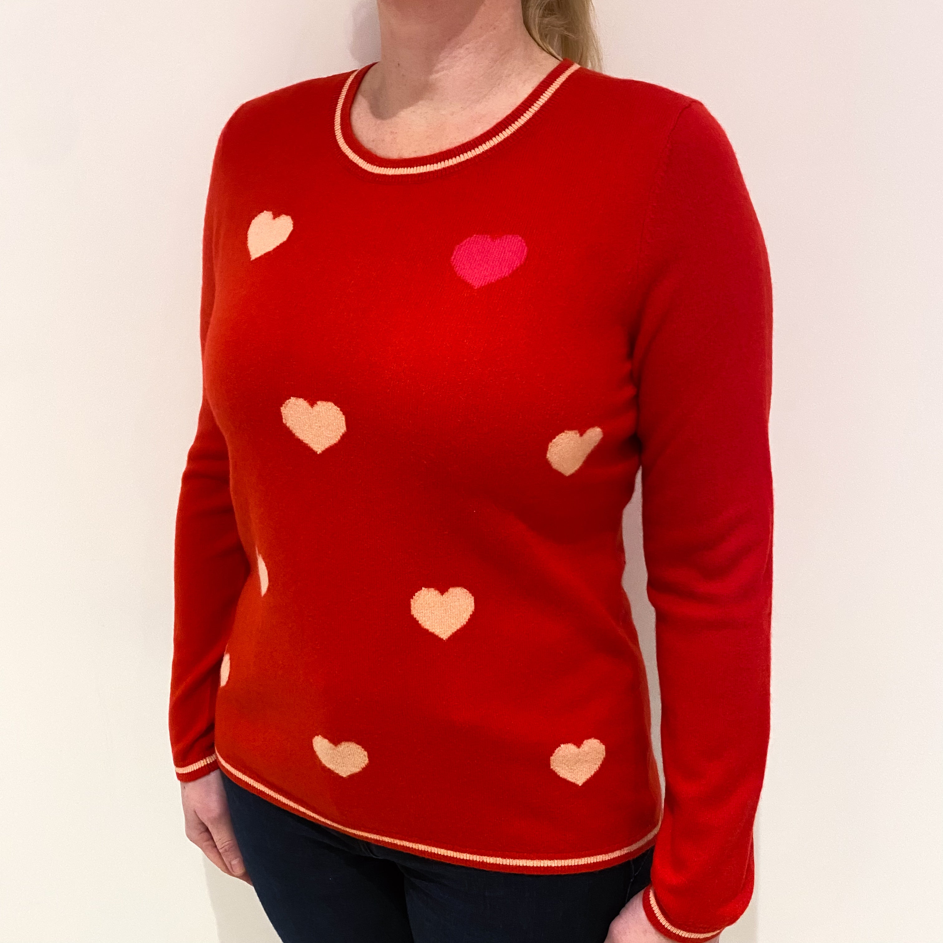 Scarlet Red Pink Heart Cashmere Crew Neck Jumper Large