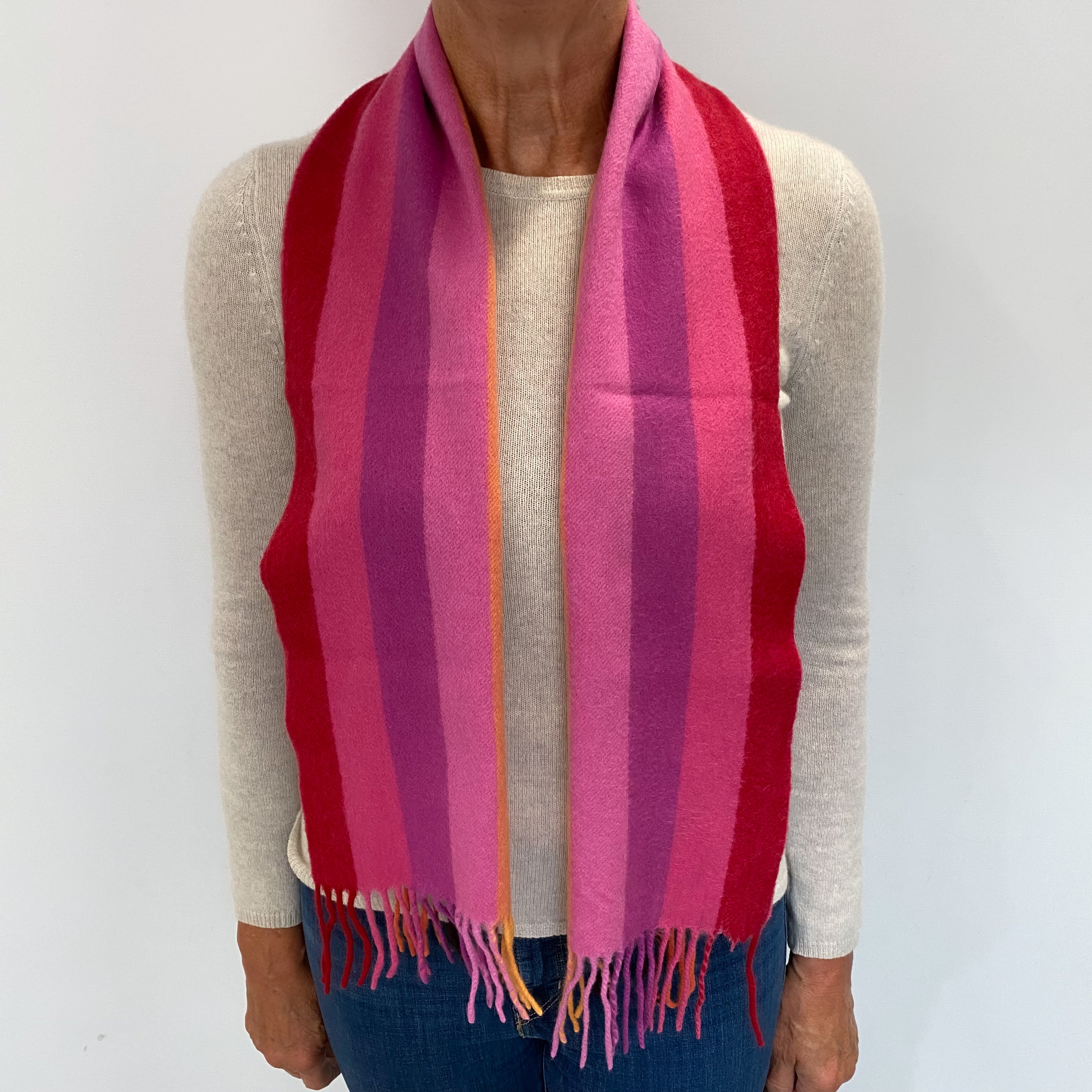 Pink and Red Stripe Cashmere Woven Fringed Scarf