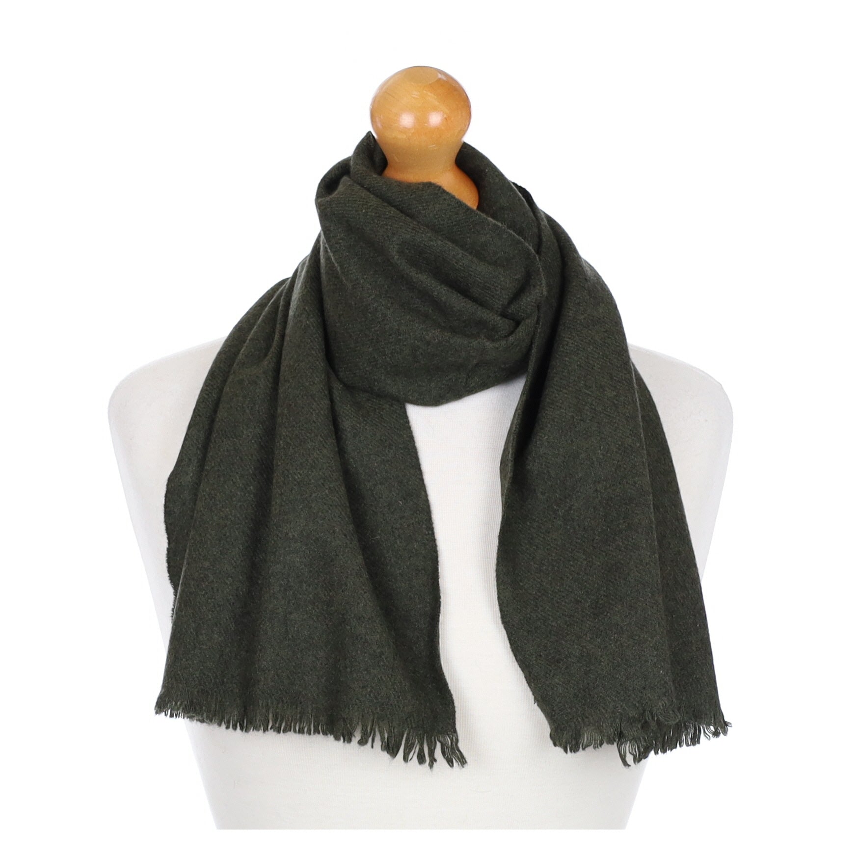 Dark Khaki Green Fringed Cashmere Woven Scarf