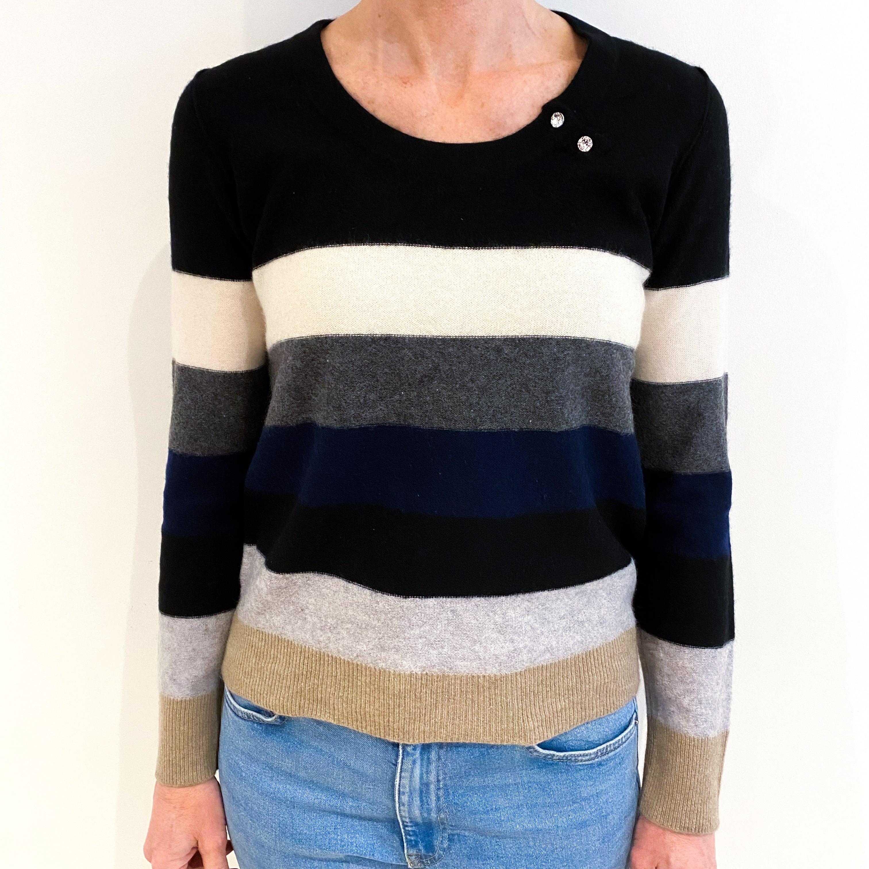 Black And Grey Stripe Cashmere Crew Neck Jumper Small