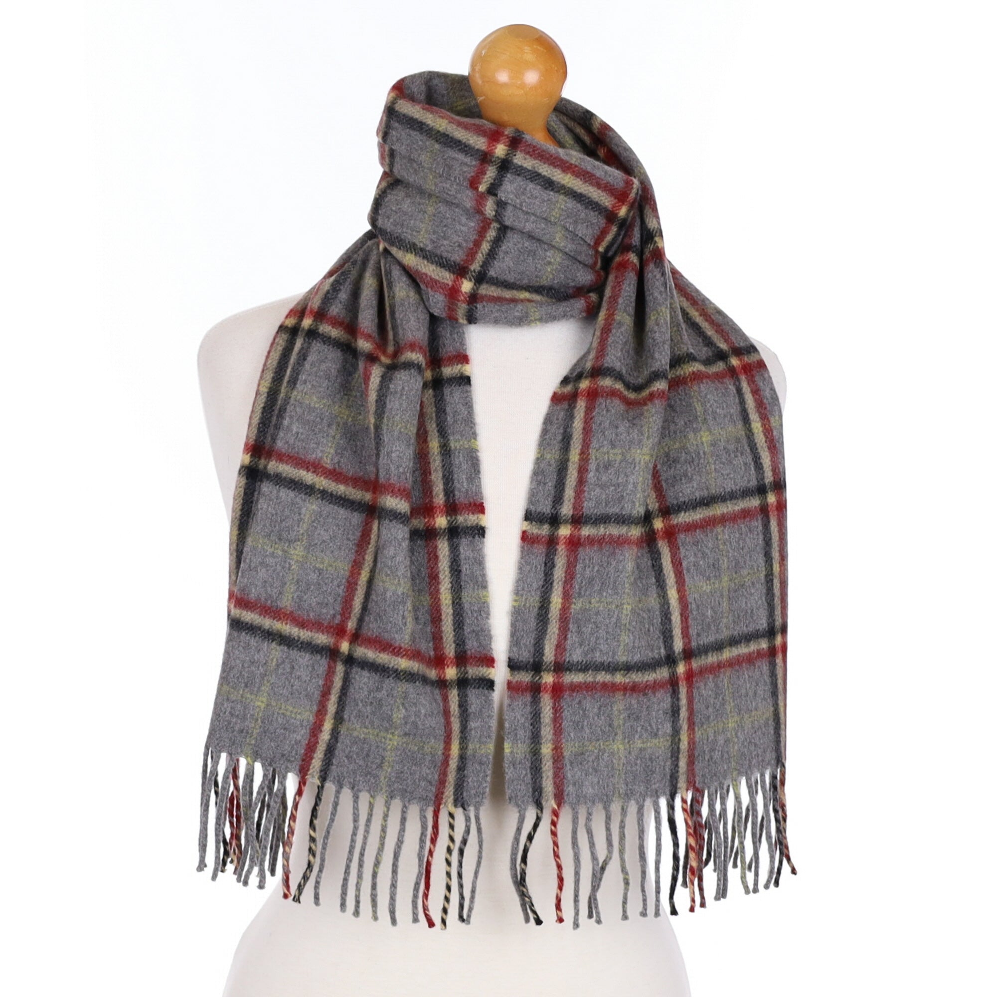 Ash Grey and Burgundy Check Cashmere Tasselled Woven Scarf