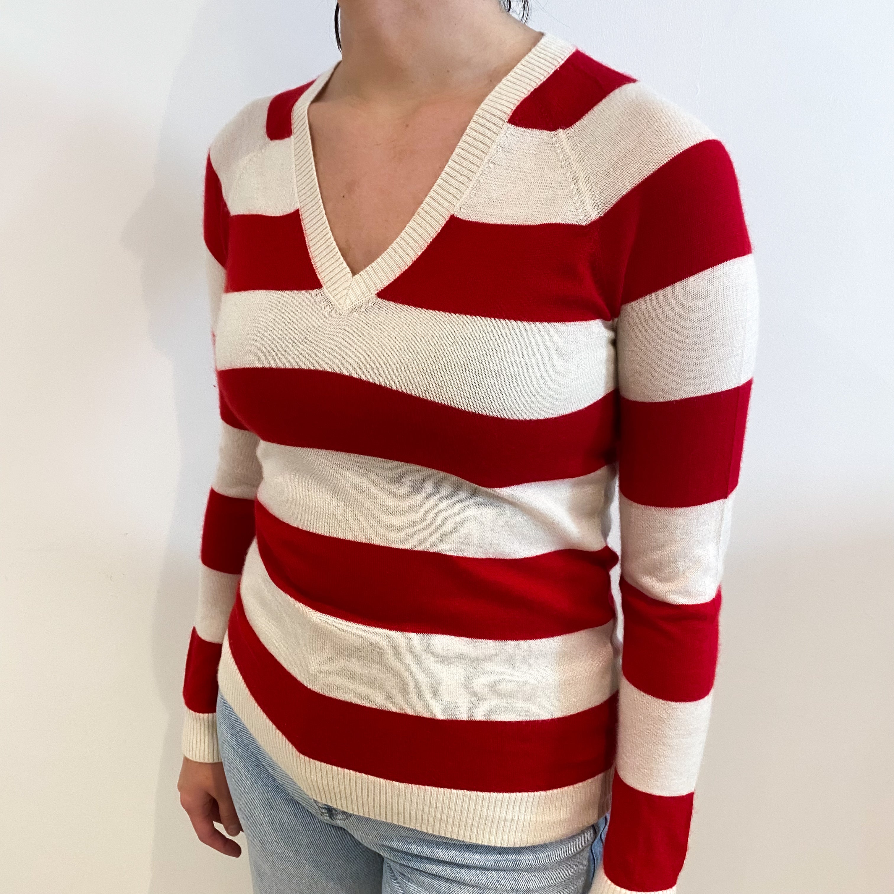 Ivory and Red Stripe Cashmere V-Neck Jumper Small