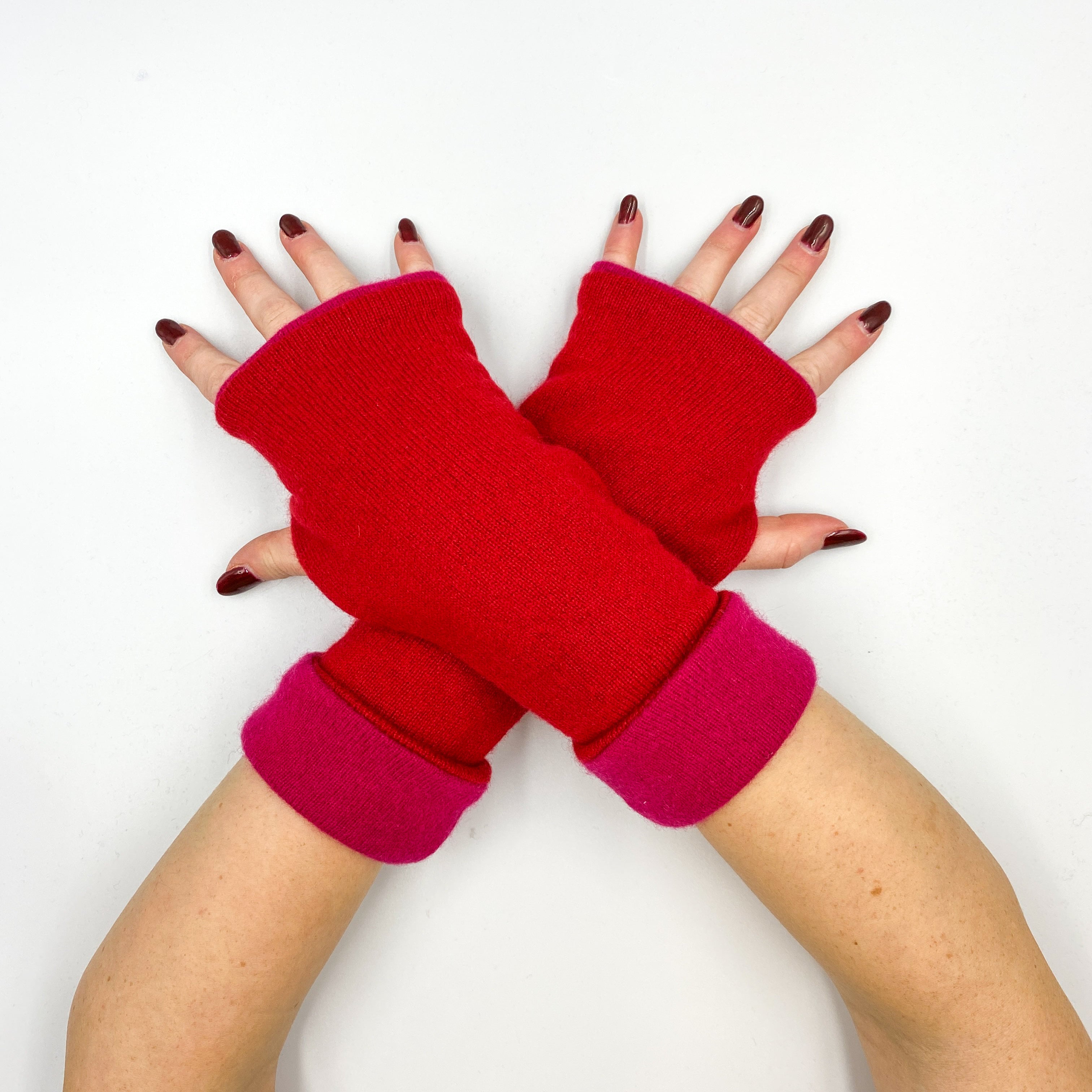 Crimson Red and Cherry Pink Luxury Reversible Cashmere Fingerless Gloves