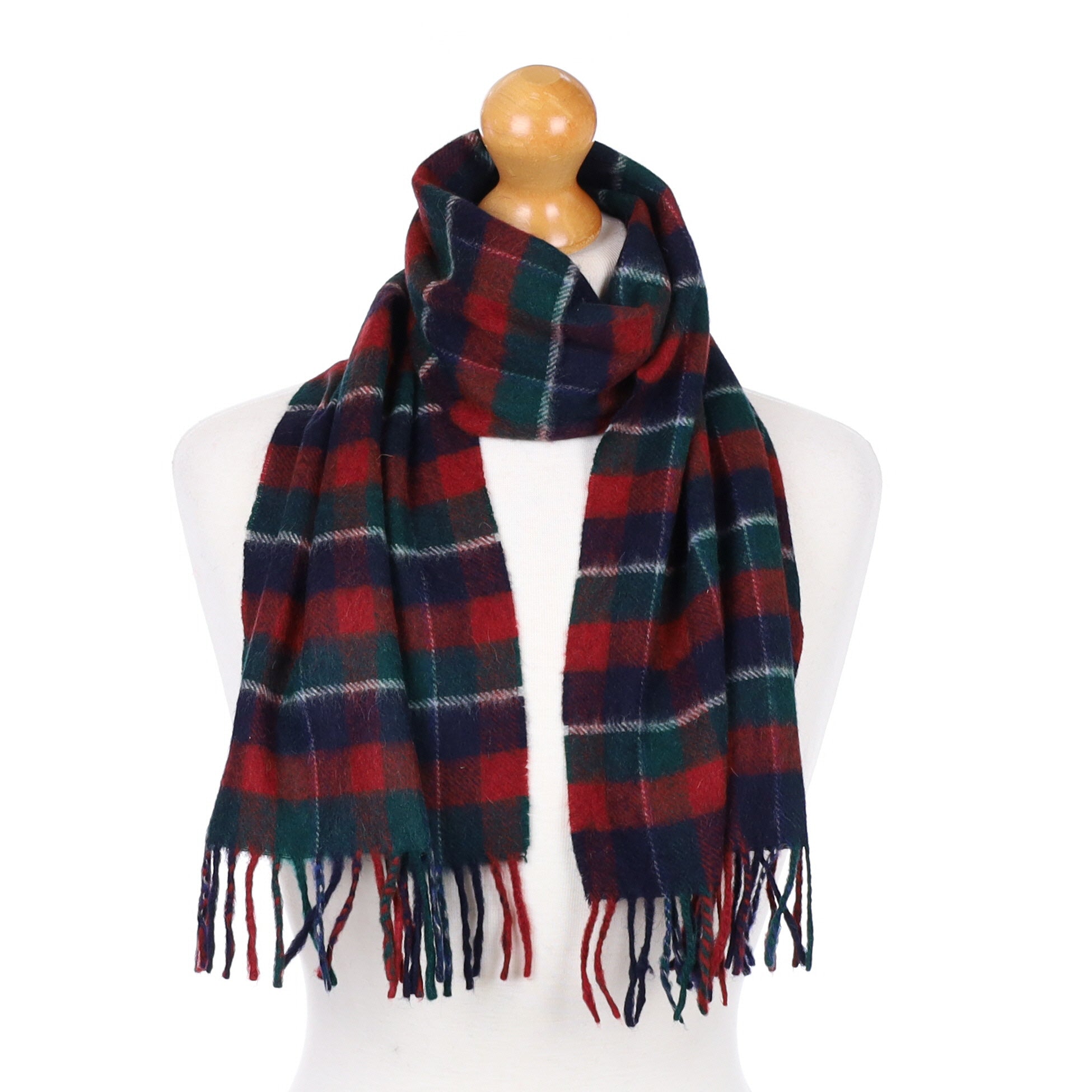 Navy and Red Checked Fringed Cashmere Woven Scarf