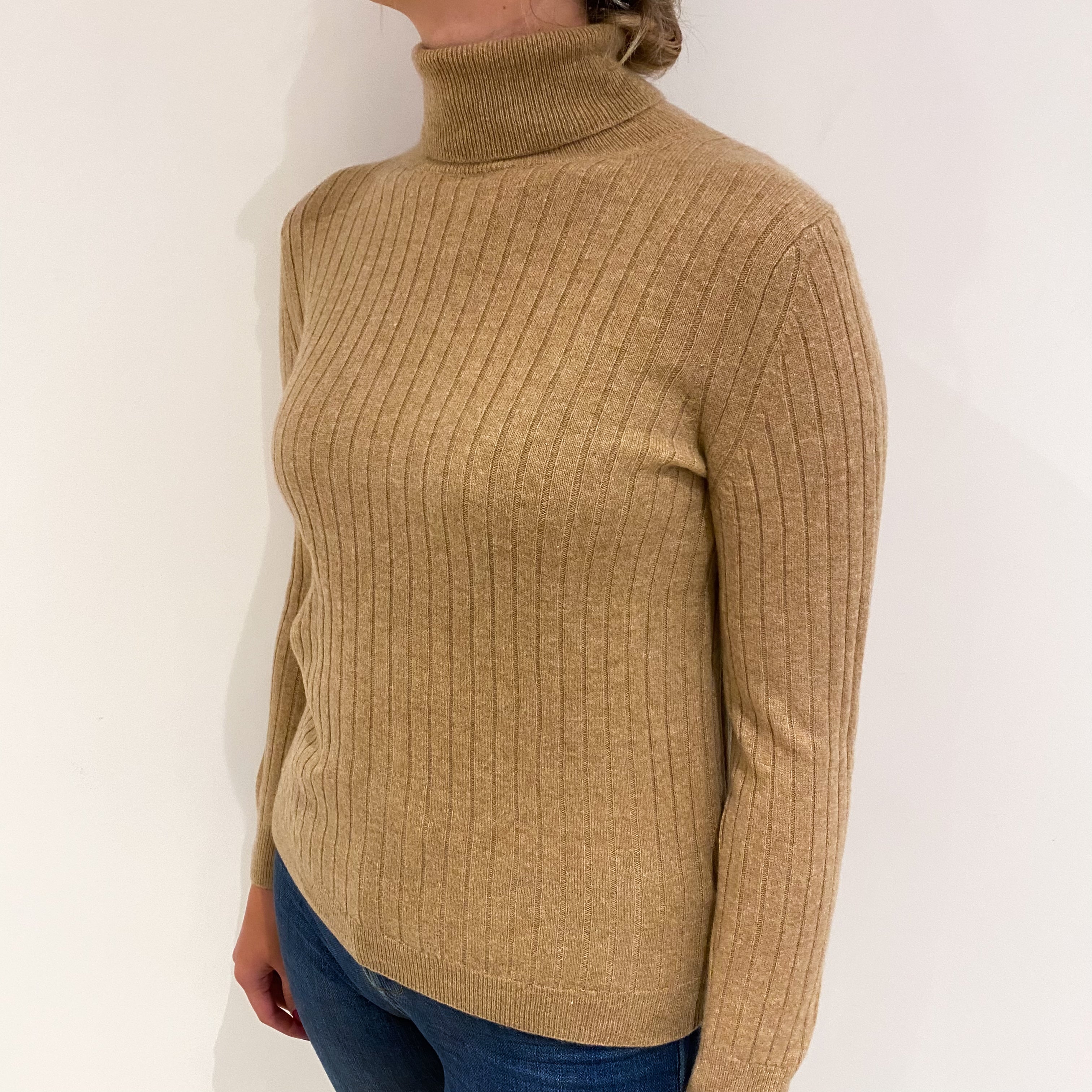 Caramel Brown Rib Cashmere Polo Neck Jumper Small