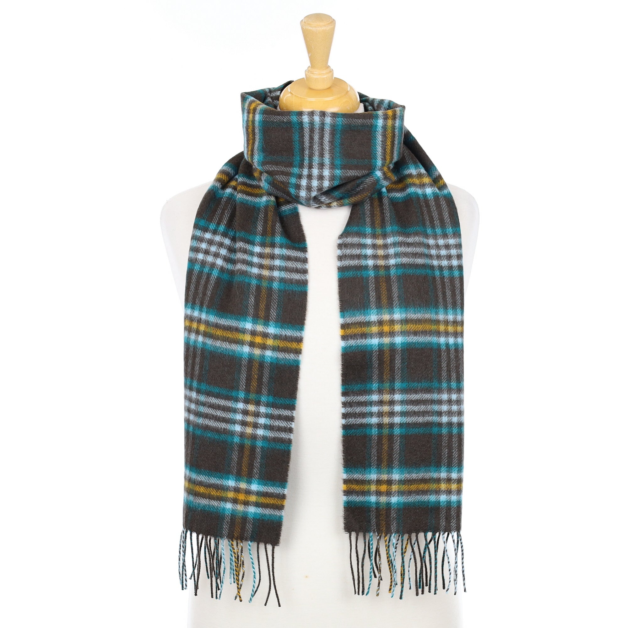 Brand New Scottish Chocolate Brown and Teal Checked Cashmere Scarf