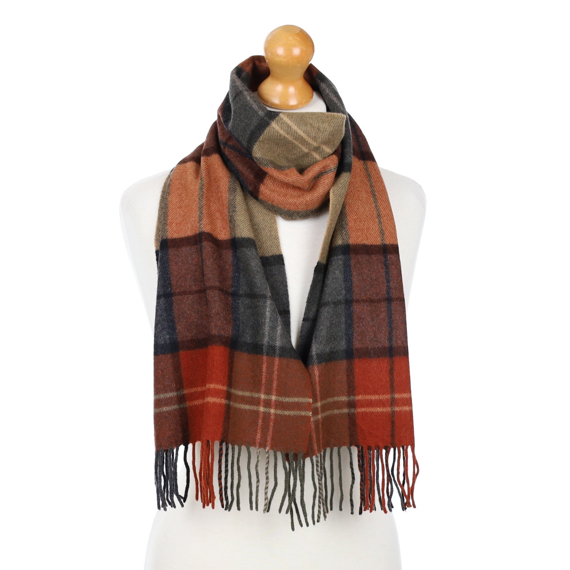 Burnt Orange Check Fringed Cashmere Woven Scarf