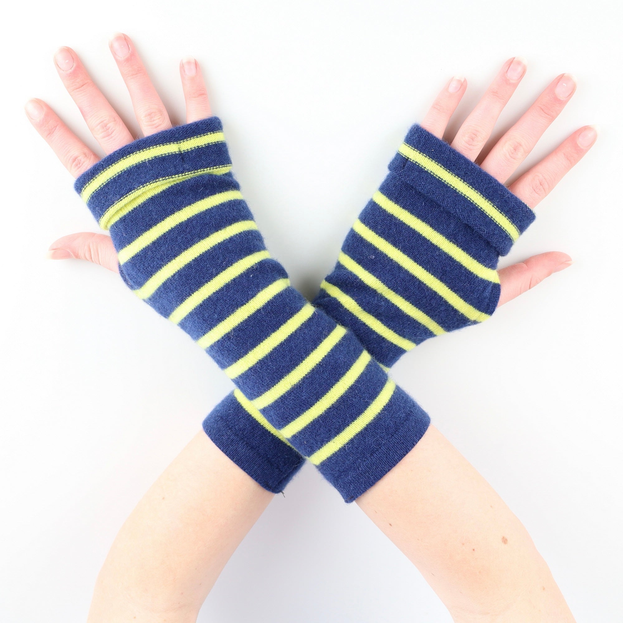 Navy Blue and Yellow Striped Fingerless Gloves