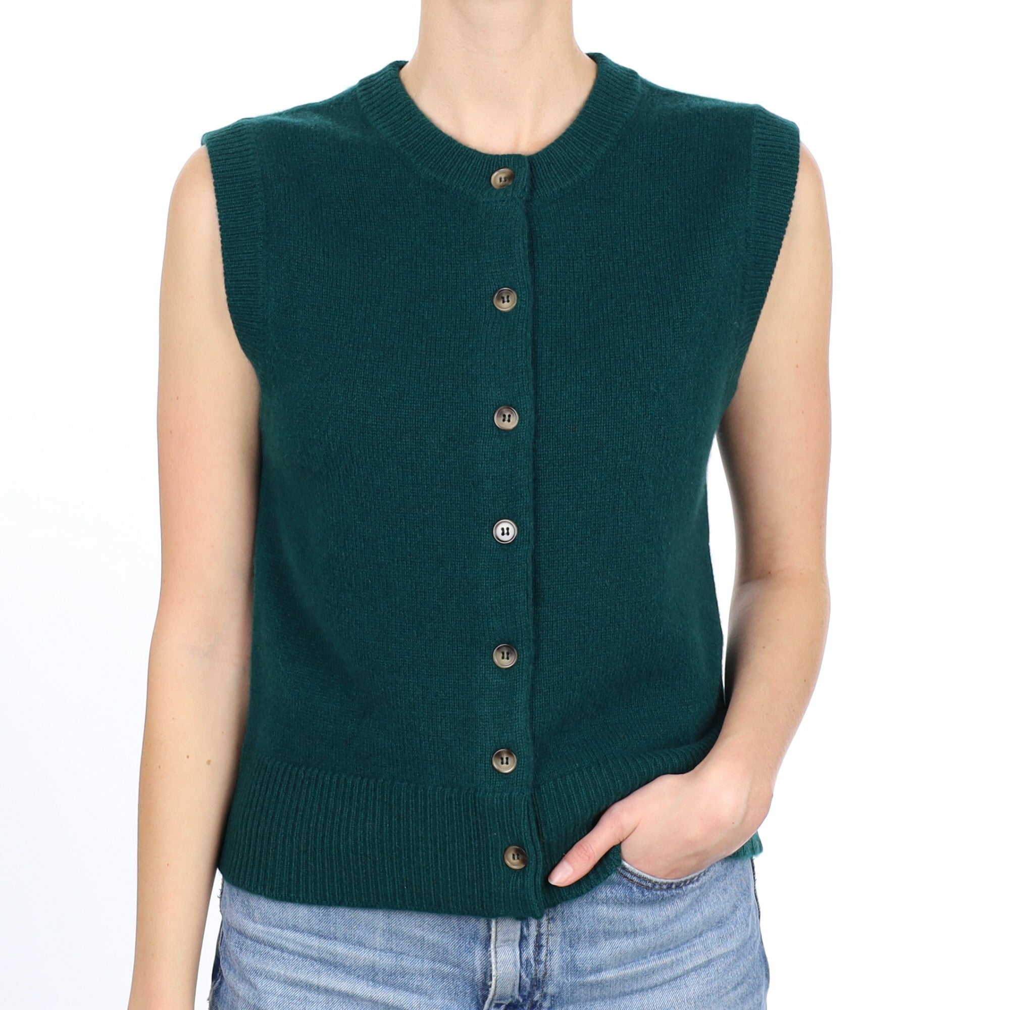 Brand New Forest Green Luxury Cashmere Crew Neck Waistcoat Small UK 8-10