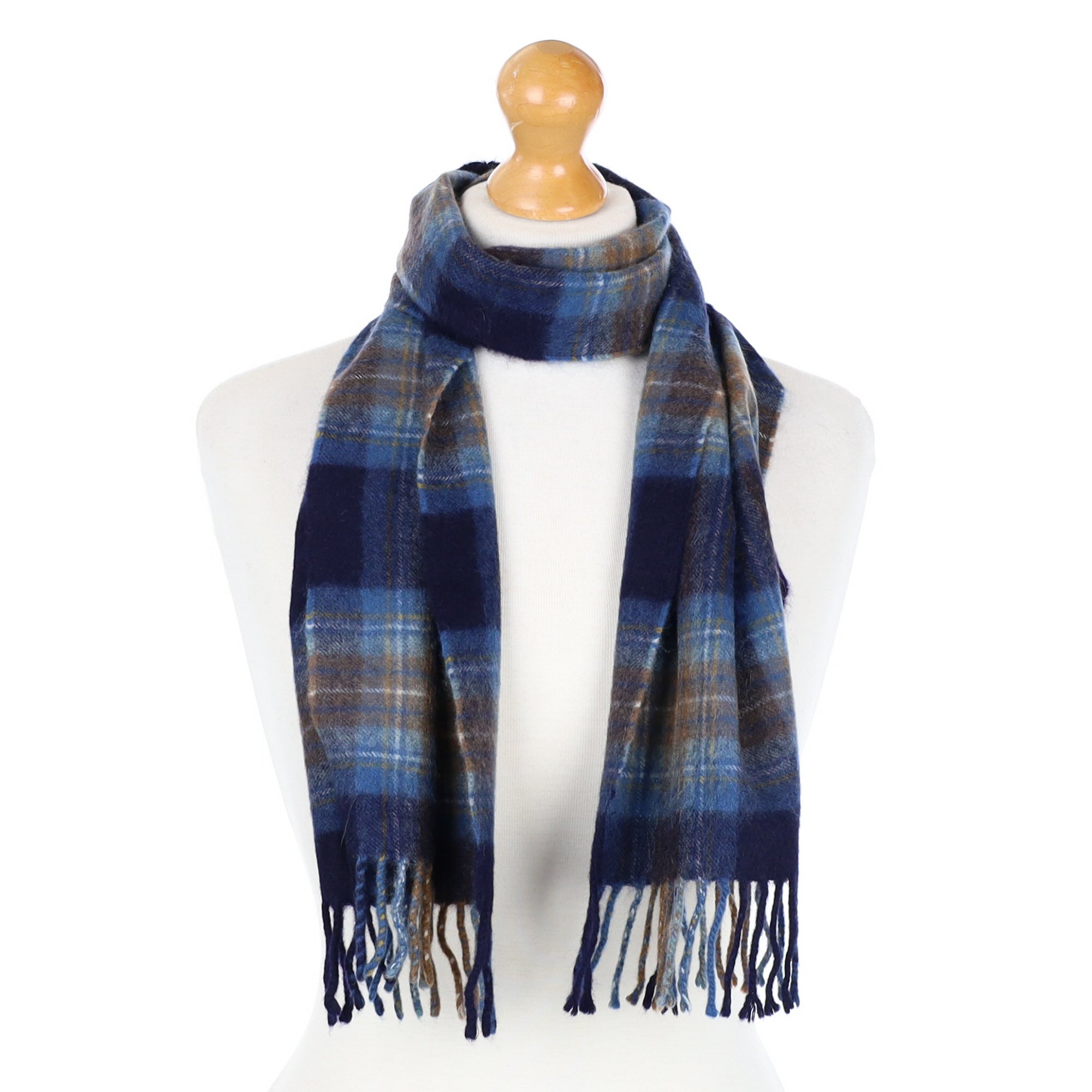 Navy and Tanzanite Checked Cashmere Fringed Woven Scarf