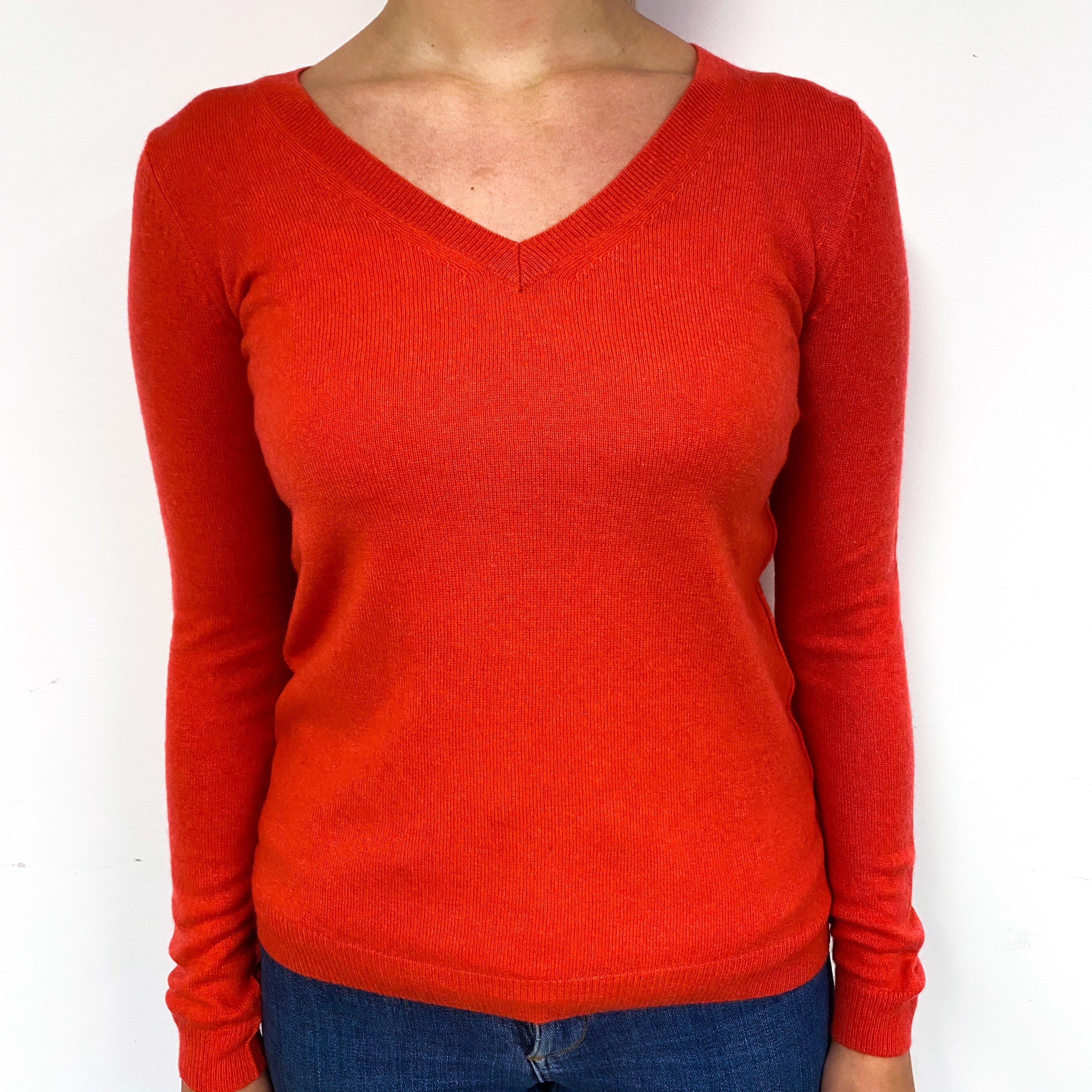 Deep Coral Orange Cashmere V-Neck Jumper Small