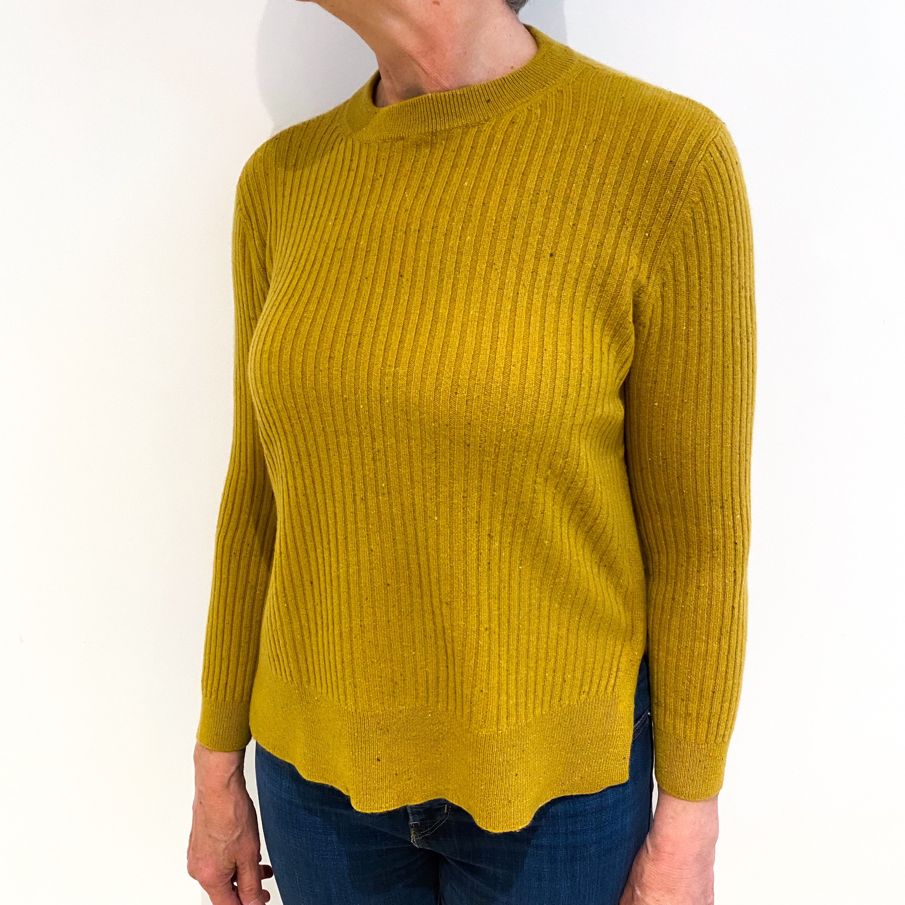 Mustard Yellow Flecked Cashmere Crew Neck Ribbed Jumper Medium