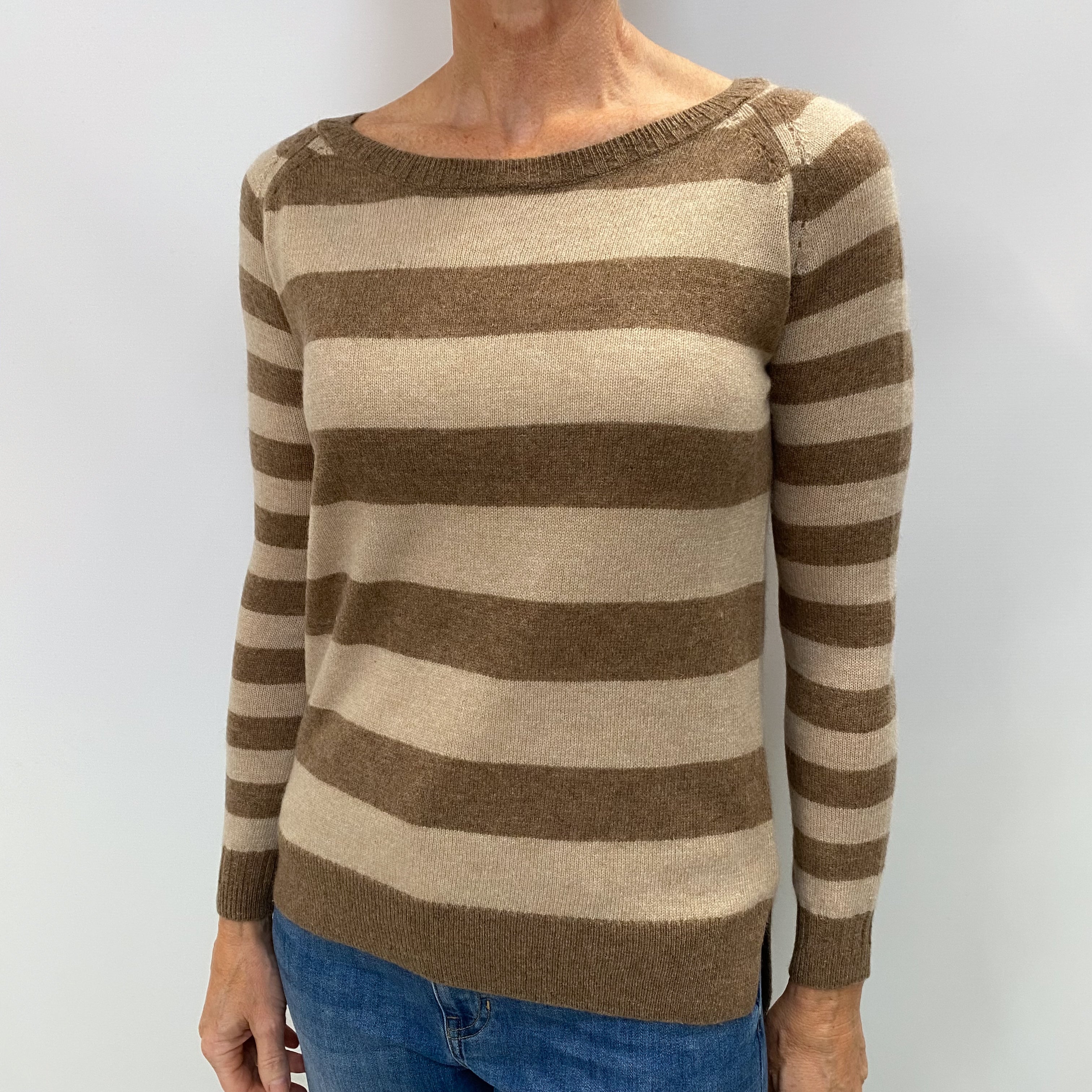 Fawn and Toffee Stripe Cashmere Crew Neck Jumper Small