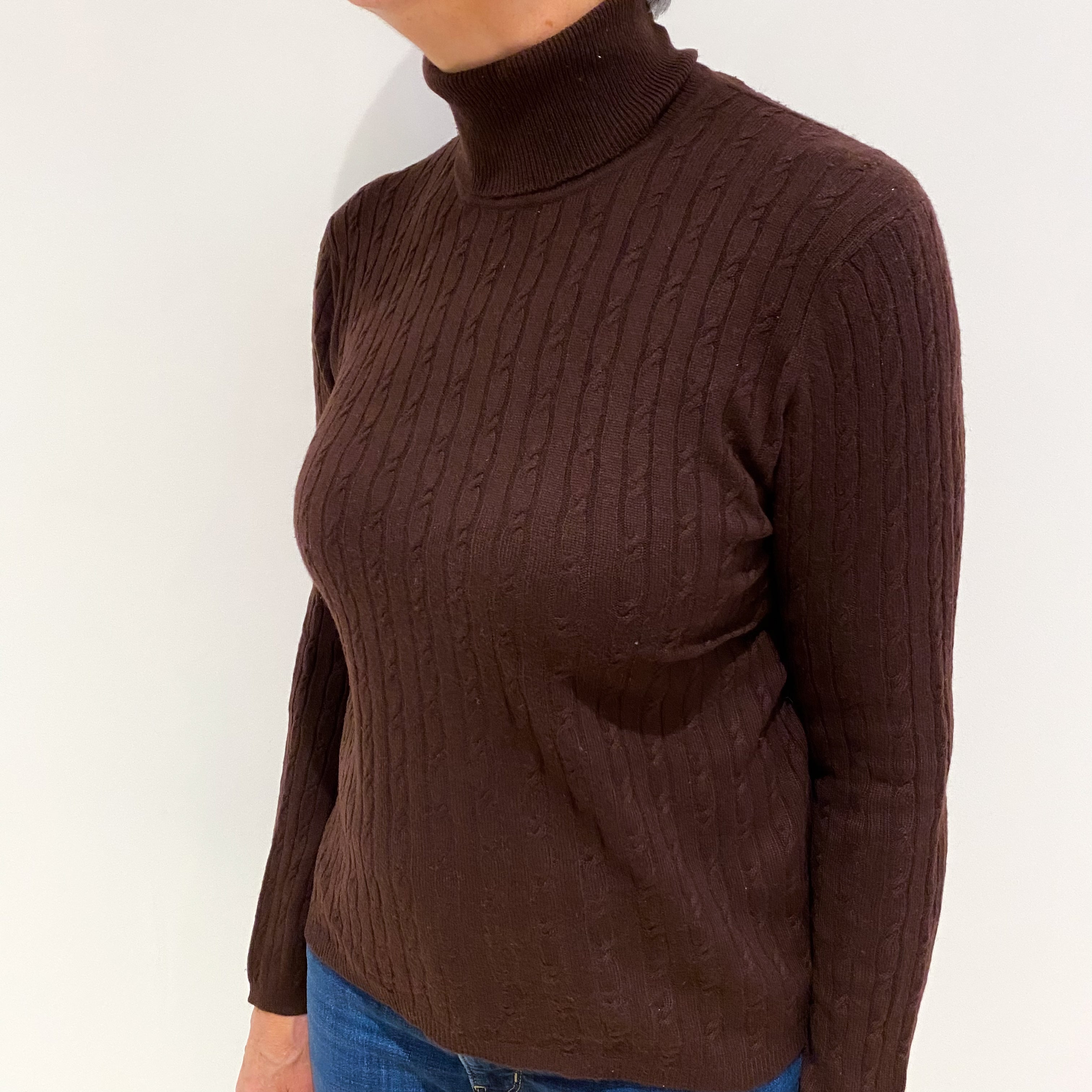 Umber Brown Cable Cashmere Polo Neck Jumper Medium