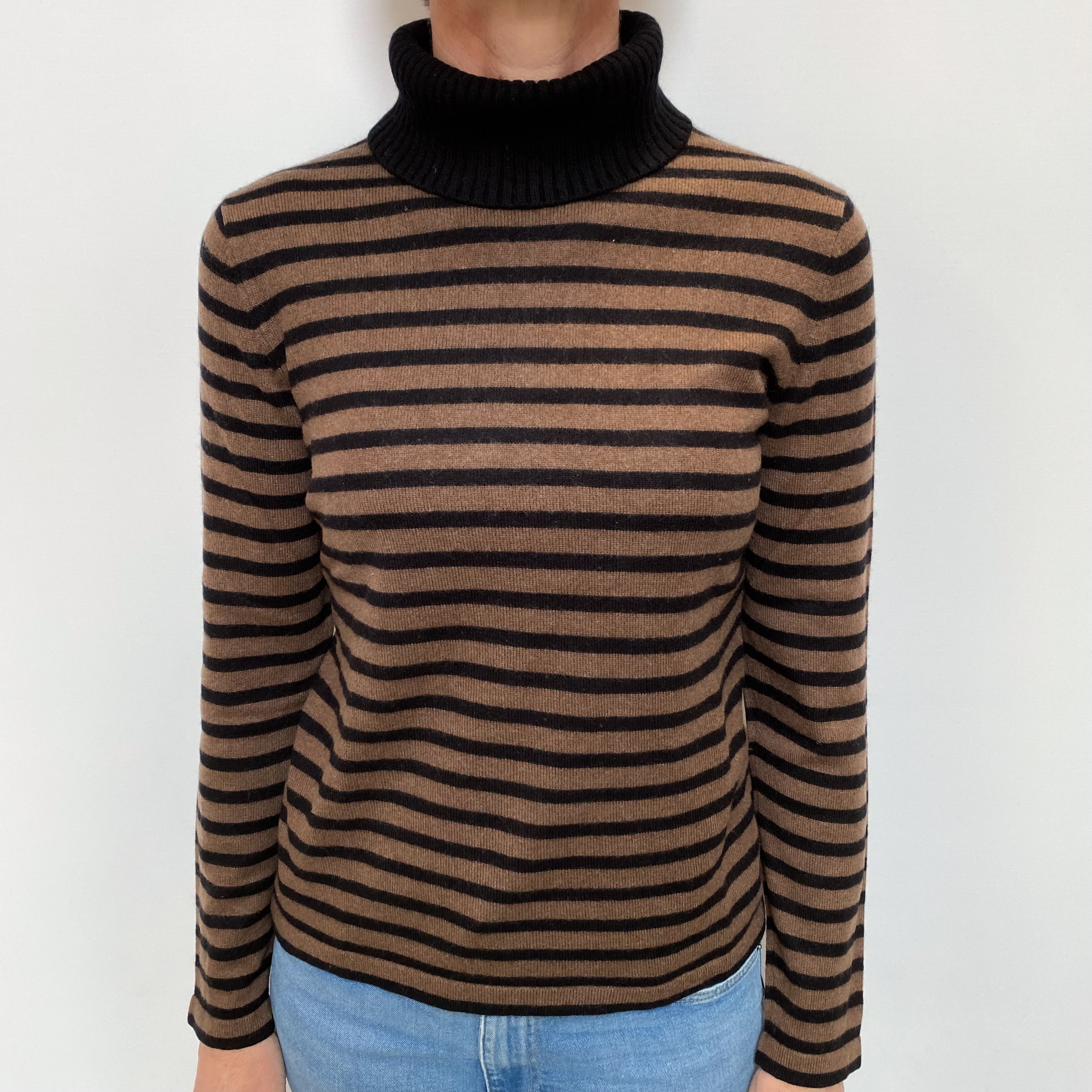 Black Brown Stripe Cashmere Polo Neck Jumper Small