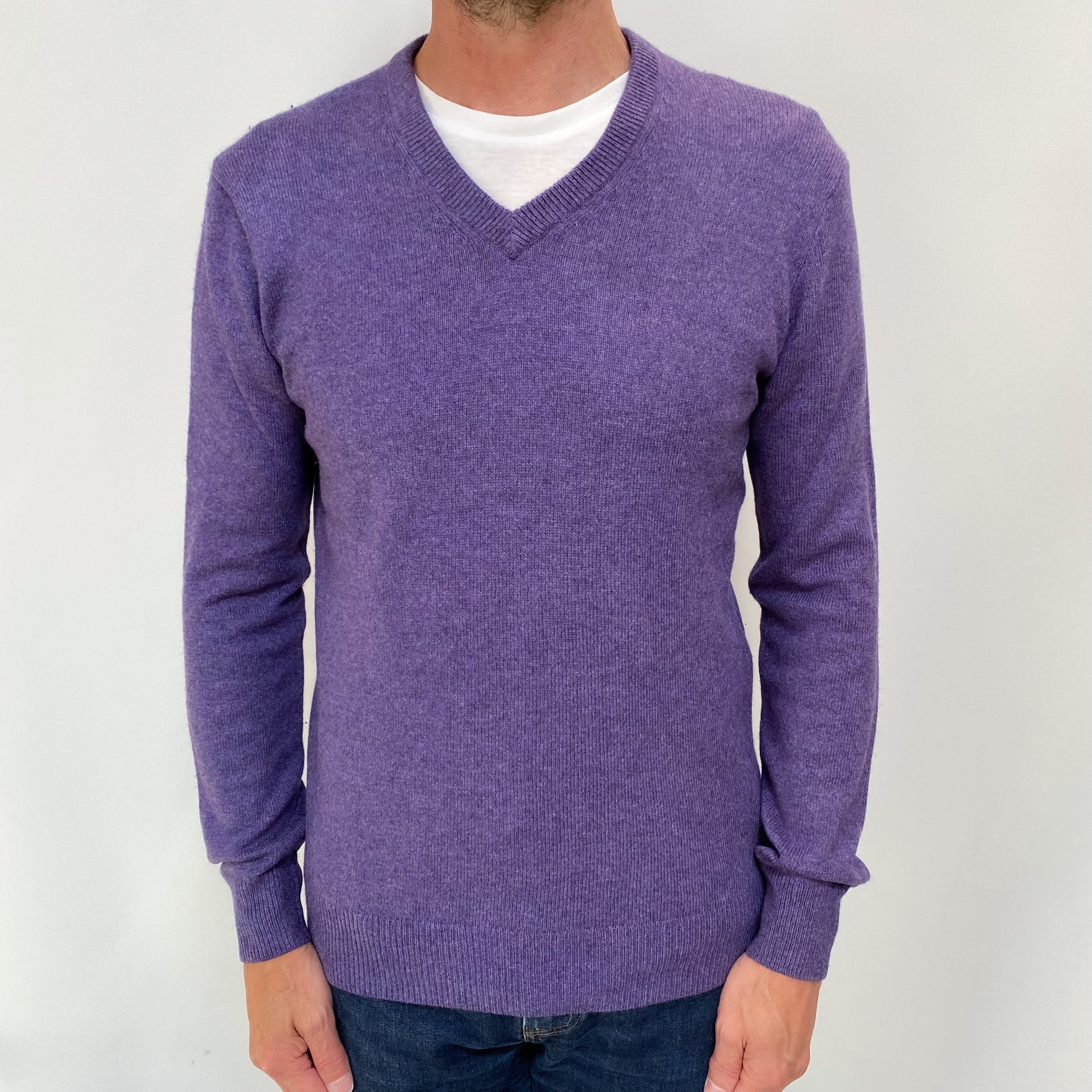 Men's Purple Marl Cashmere V Neck Jumper Small