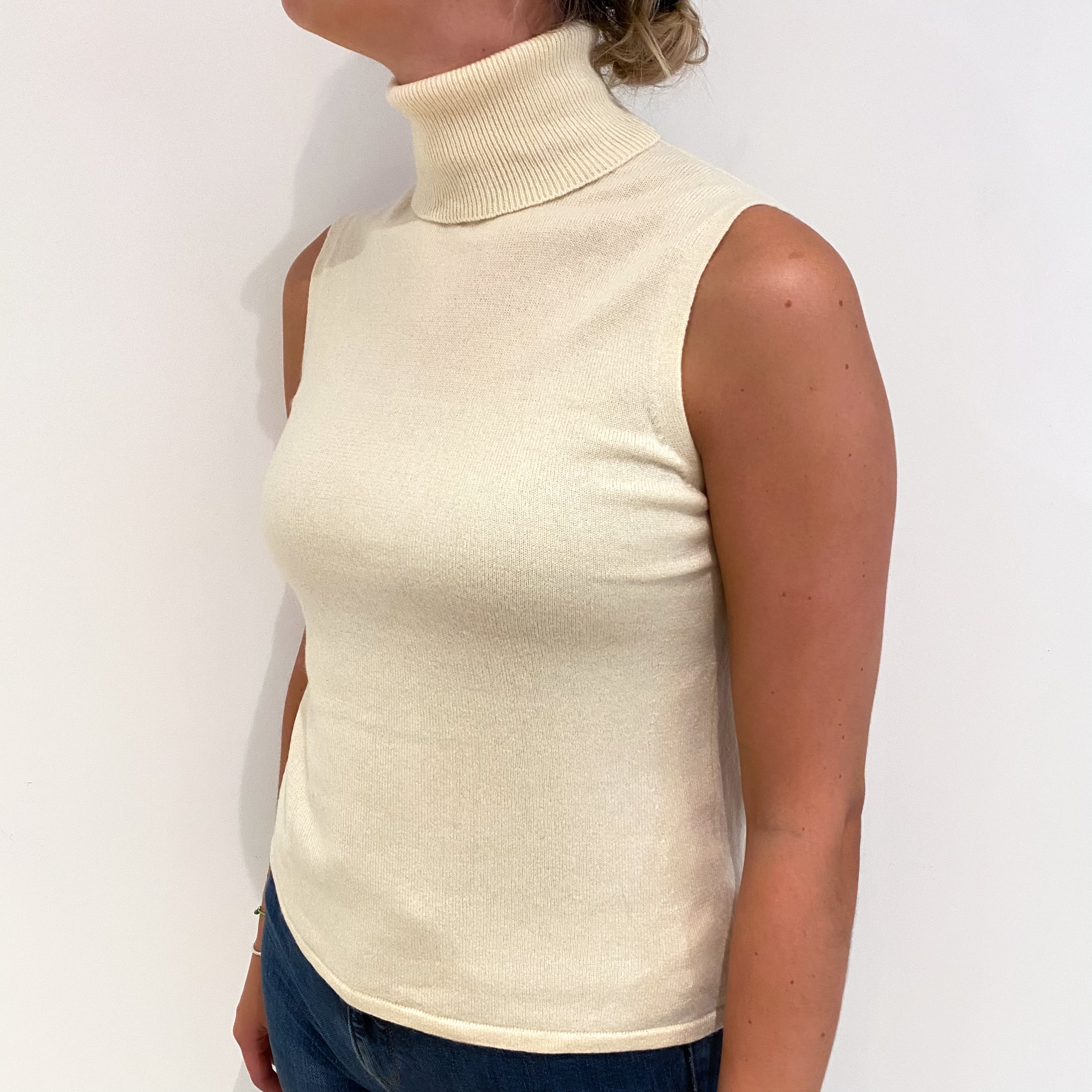 Vanilla Cream Cashmere Polo Neck Sleeveless Jumper Small