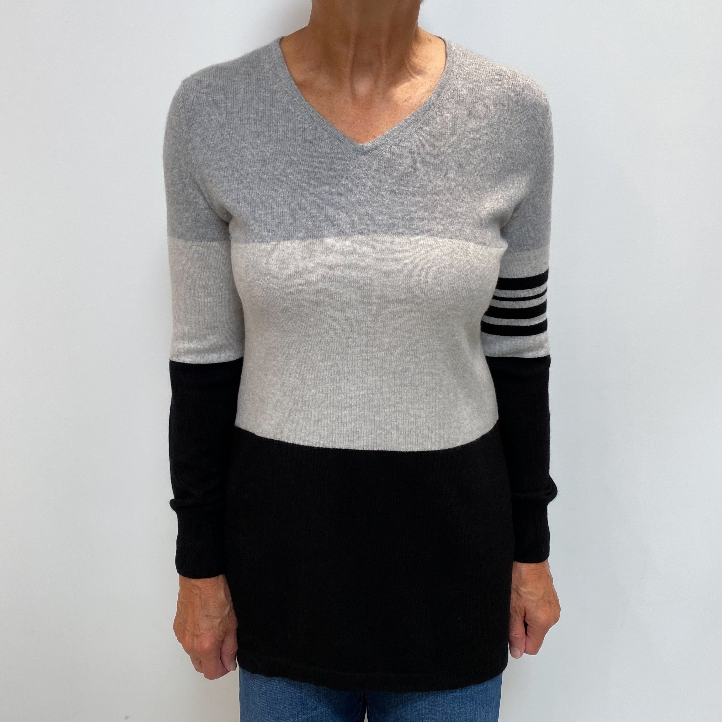 Black Grey Colour Block Cashmere V Neck Jumper Medium