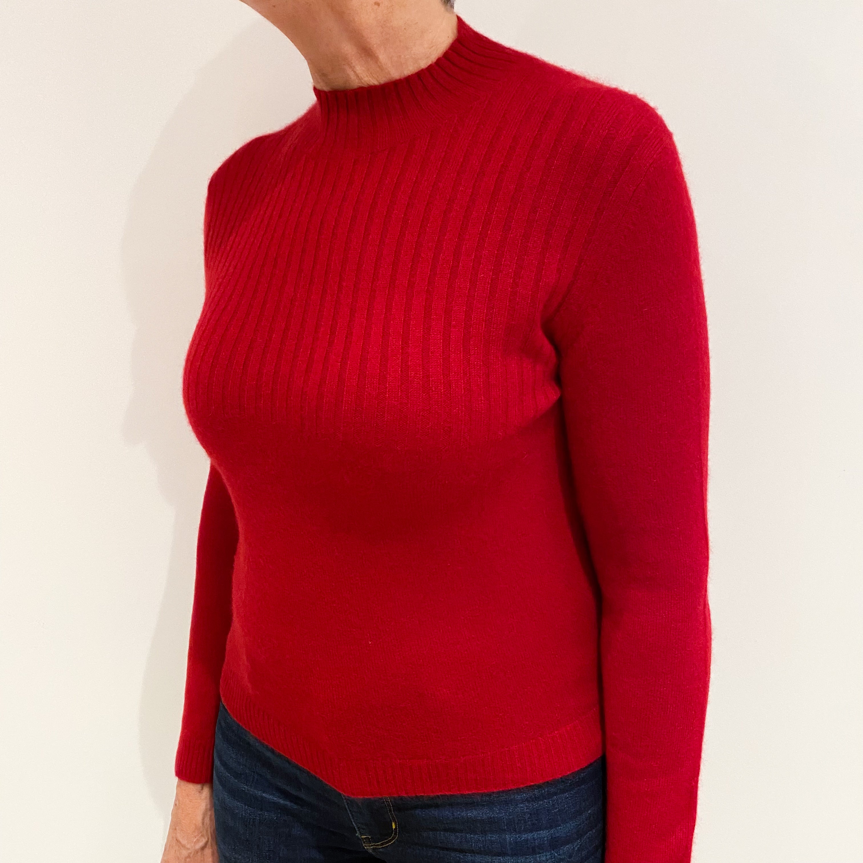 Crimson Red Ribbed Cashmere Turtle Neck Jumper Medium