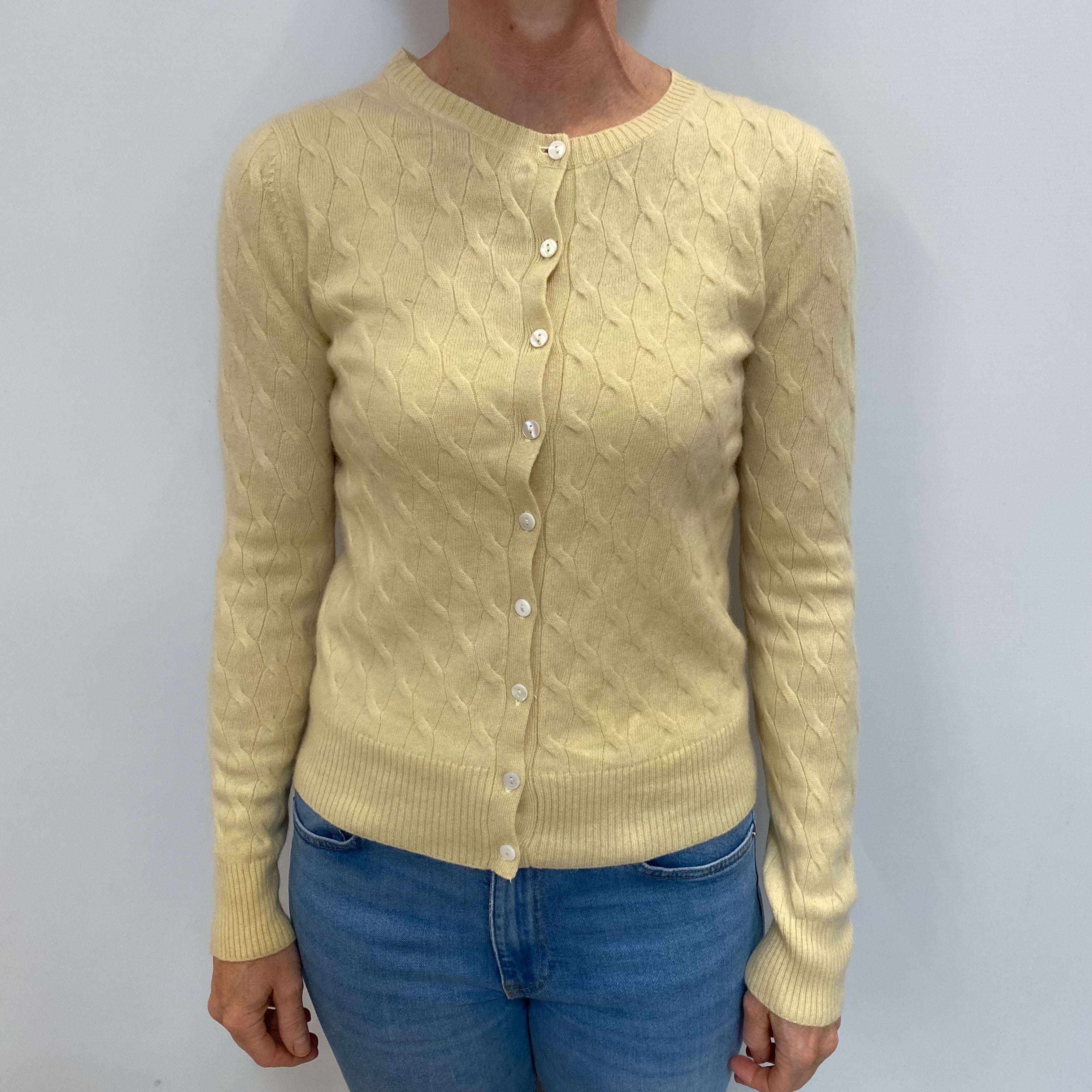 Primrose Yellow Cashmere Crew Neck Cardigan Small