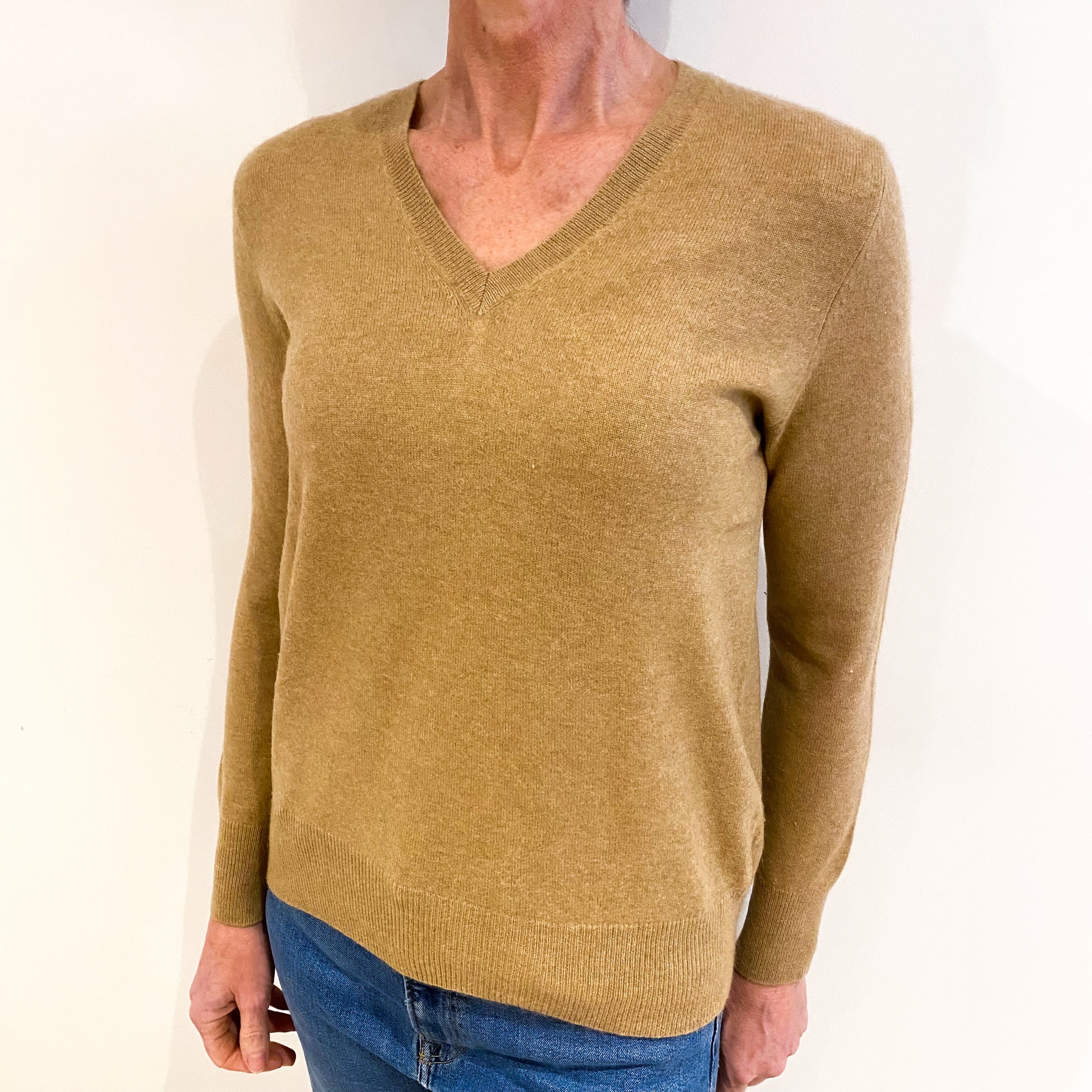 Camel Brown Cashmere V Neck Jumper Small