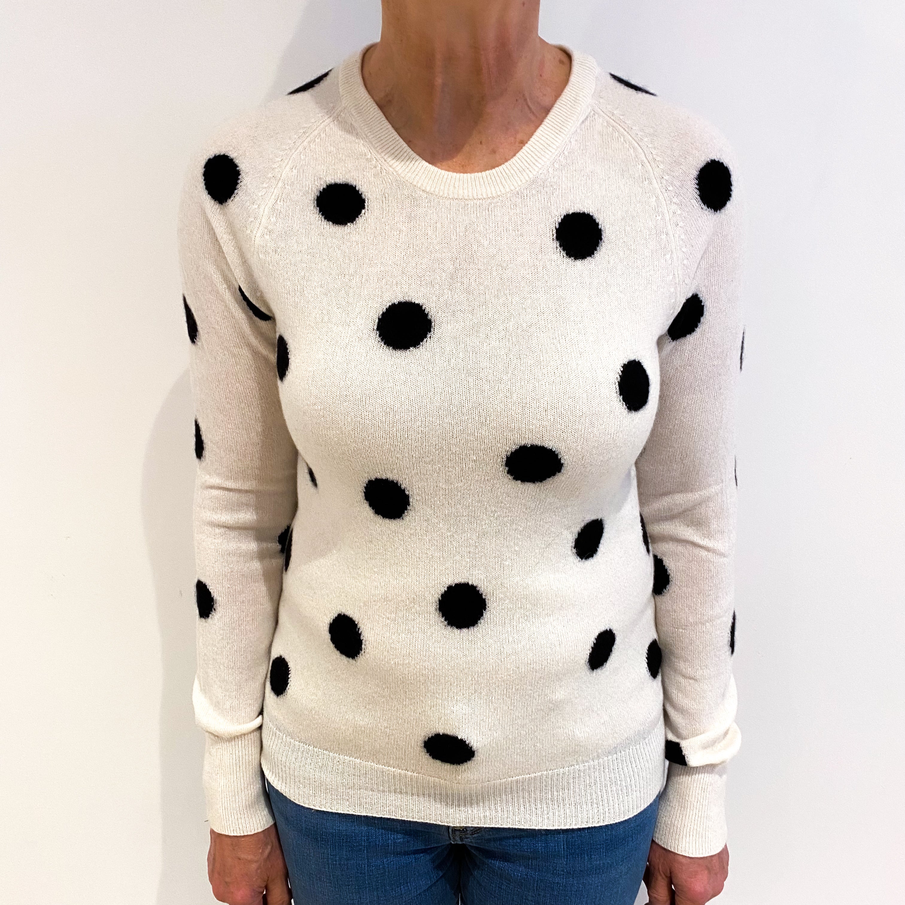 Cream And Black Spotty Cashmere Crew Neck Jumper Medium