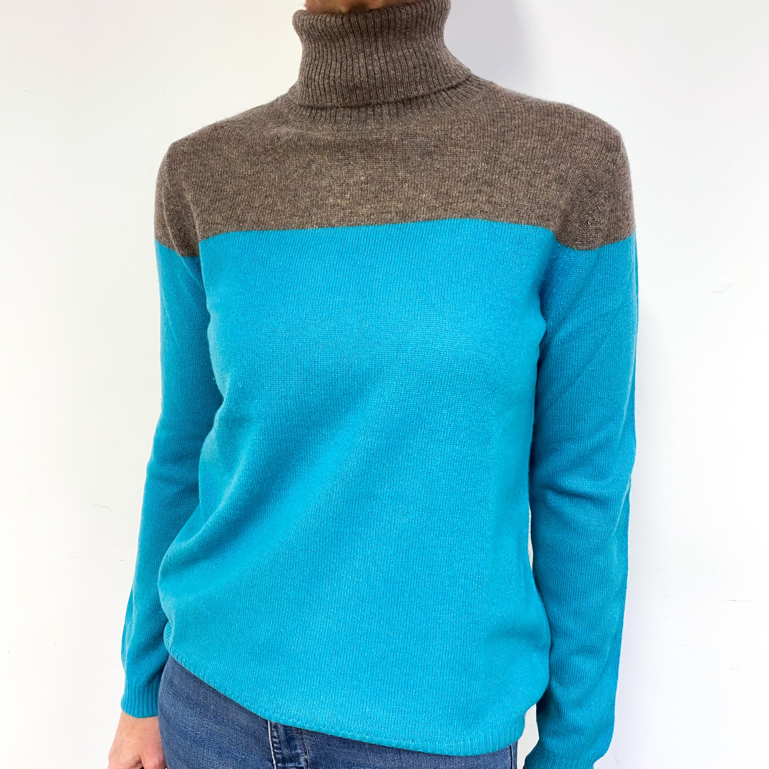 Turquoise Blue And Donkey Brown Cashmere Polo Neck Jumper Medium