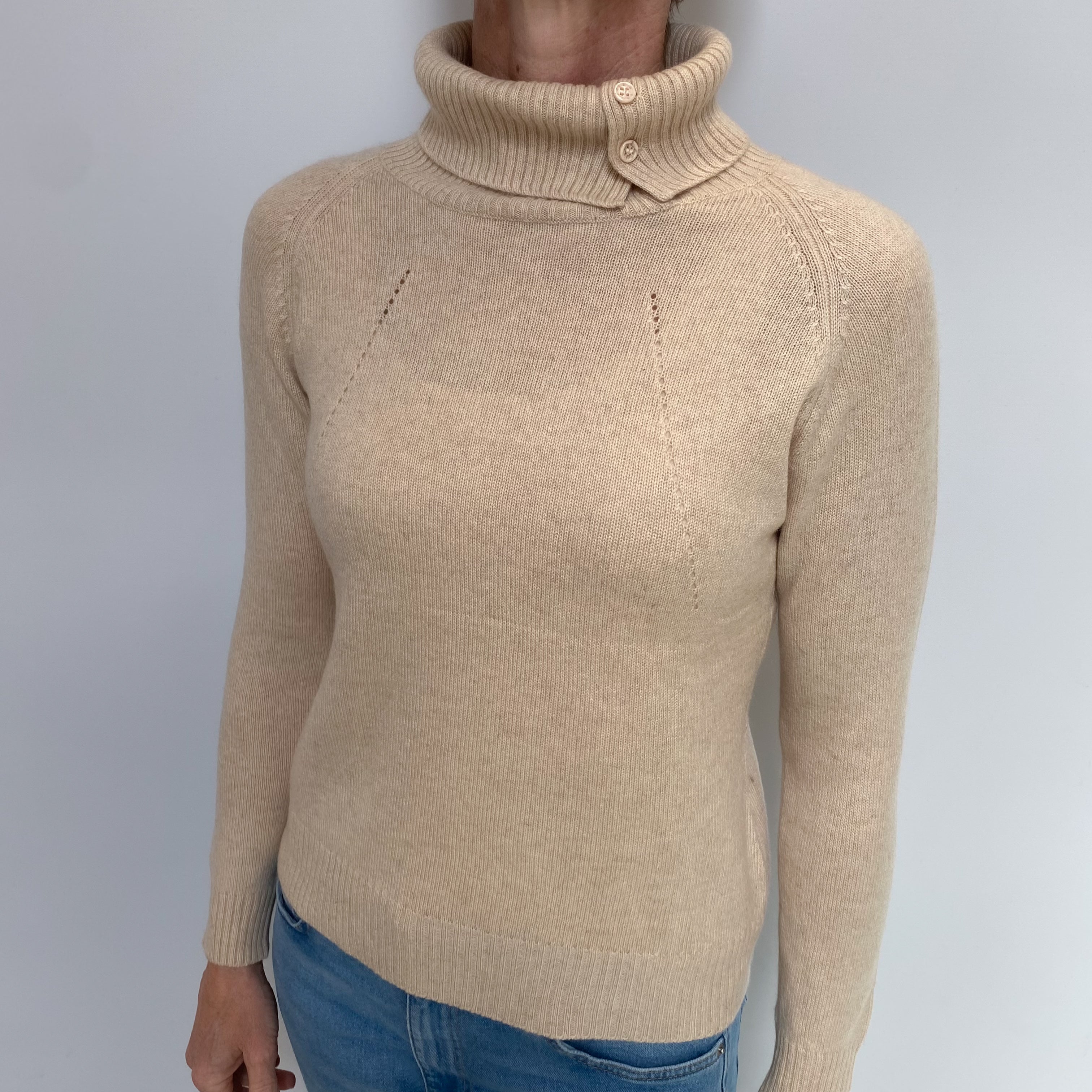 Biscuit Beige Cashmere Buttoned Polo Neck Jumper Small