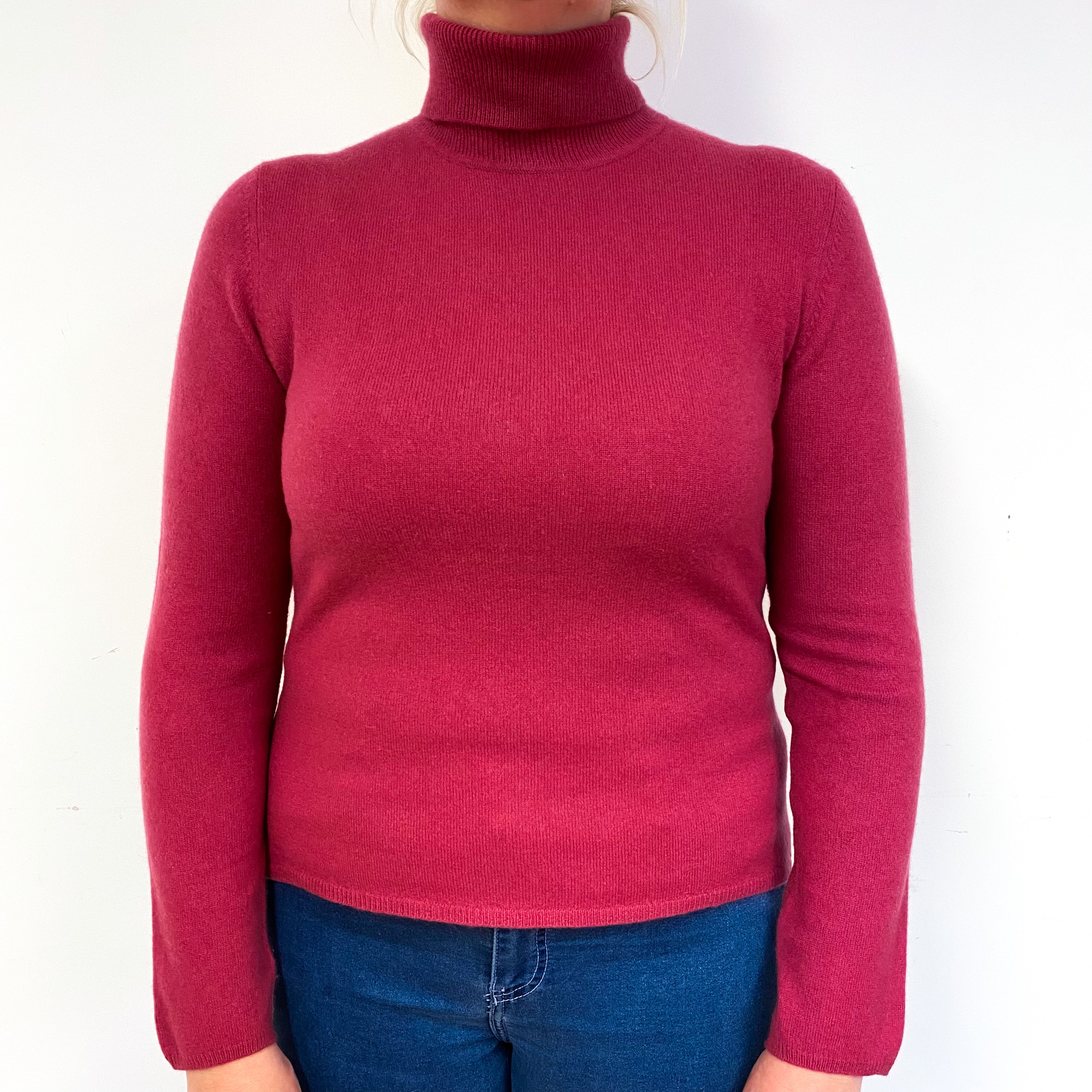 Raspberry Pink Cashmere Polo Neck Jumper Large