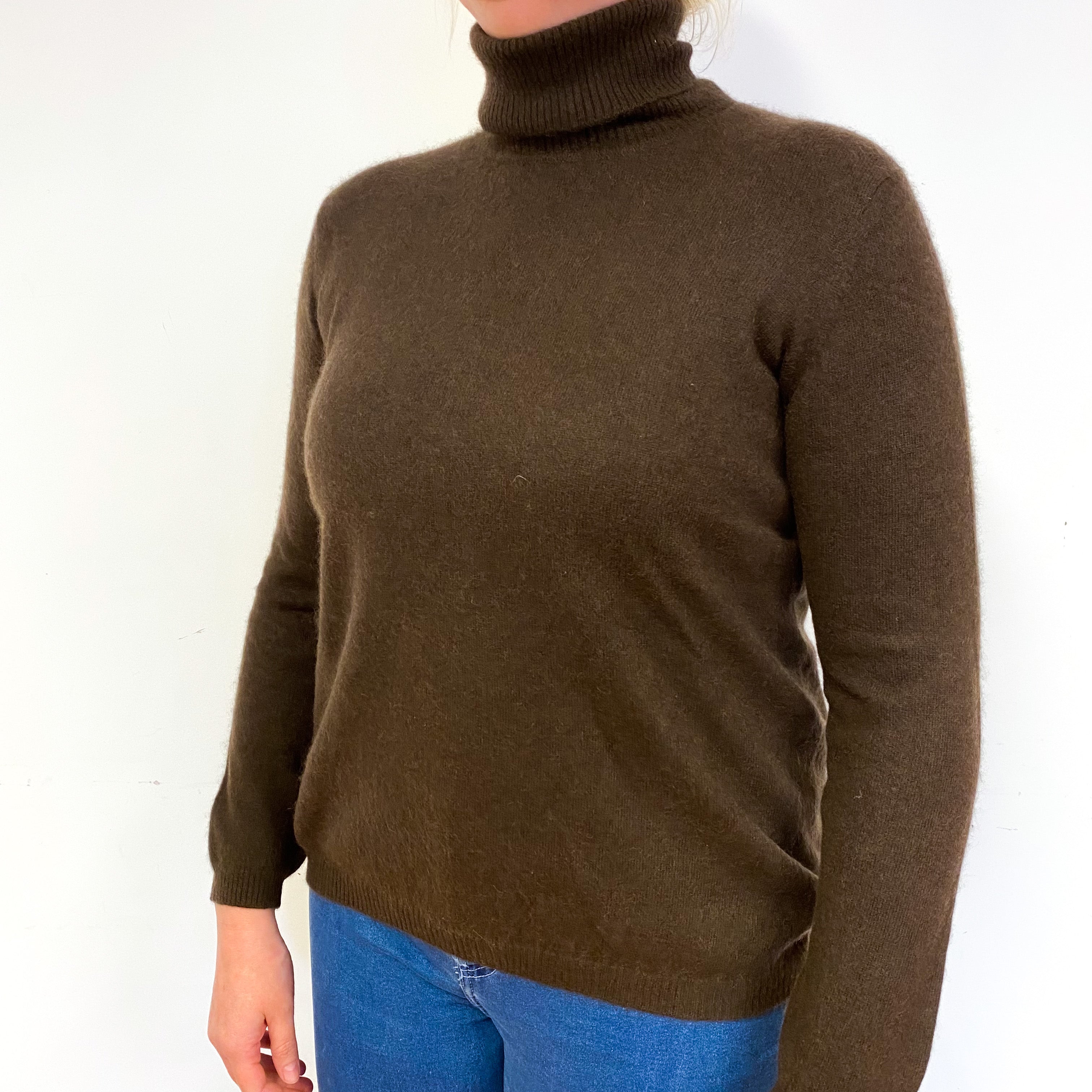 Chocolate Brown Cashmere Polo Neck Jumper Large