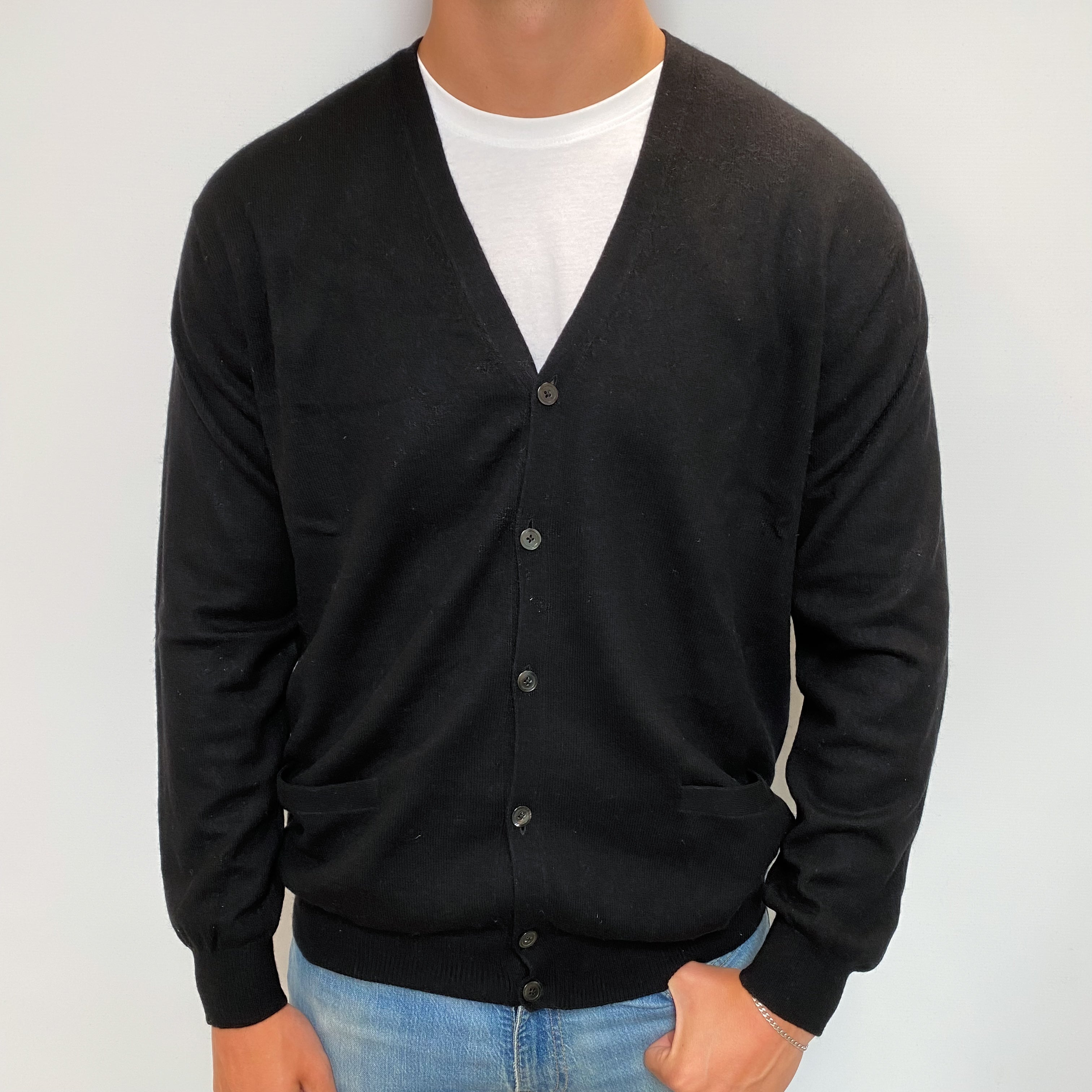 Men's Black Cashmere V Neck Cardigan with Pockets XL