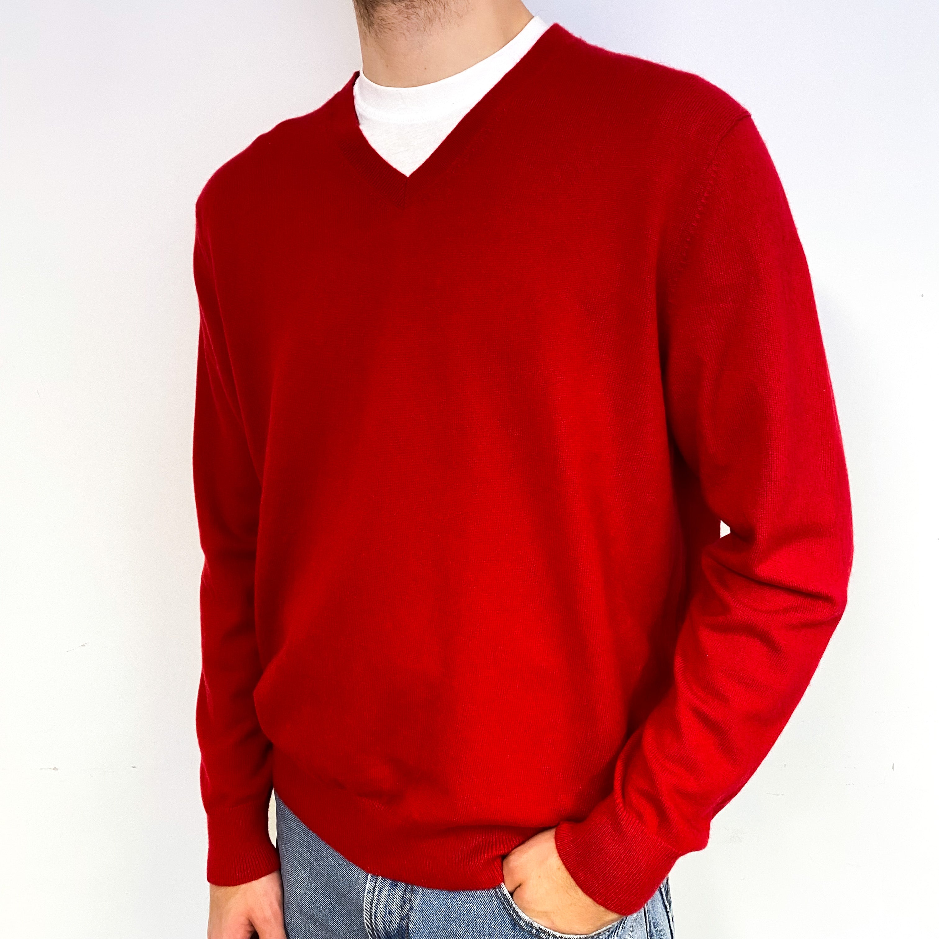 Men's Berry Red Cashmere V-Neck Jumper Large