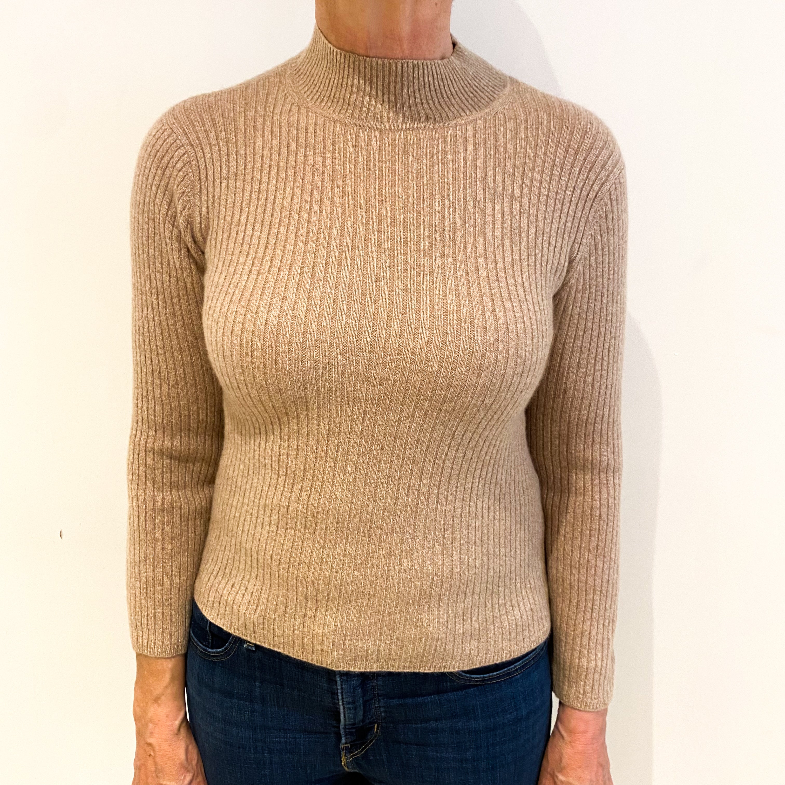 Fawn Beige Cashmere Turtle Neck Ribbed Jumper Medium