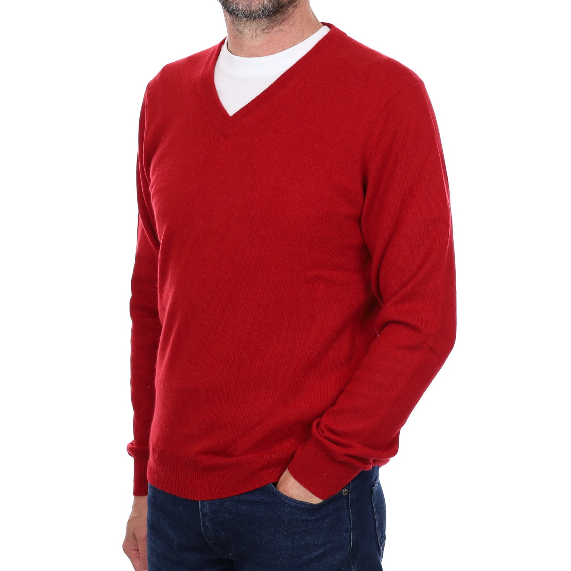 Men's Crimson Red Cashmere V Neck Jumper Small