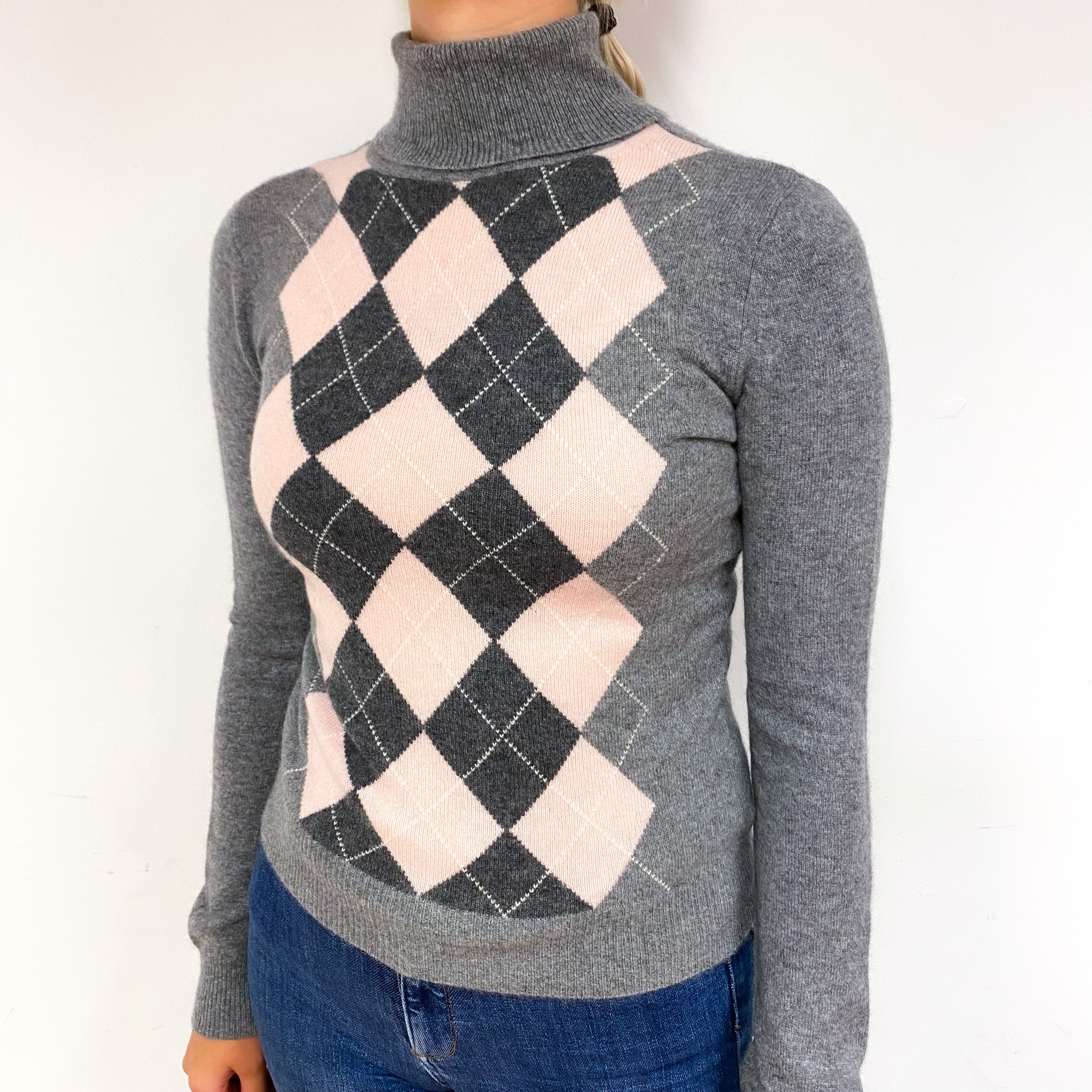 Steel Grey Pink Argyle Cashmere Polo Neck Jumper Small