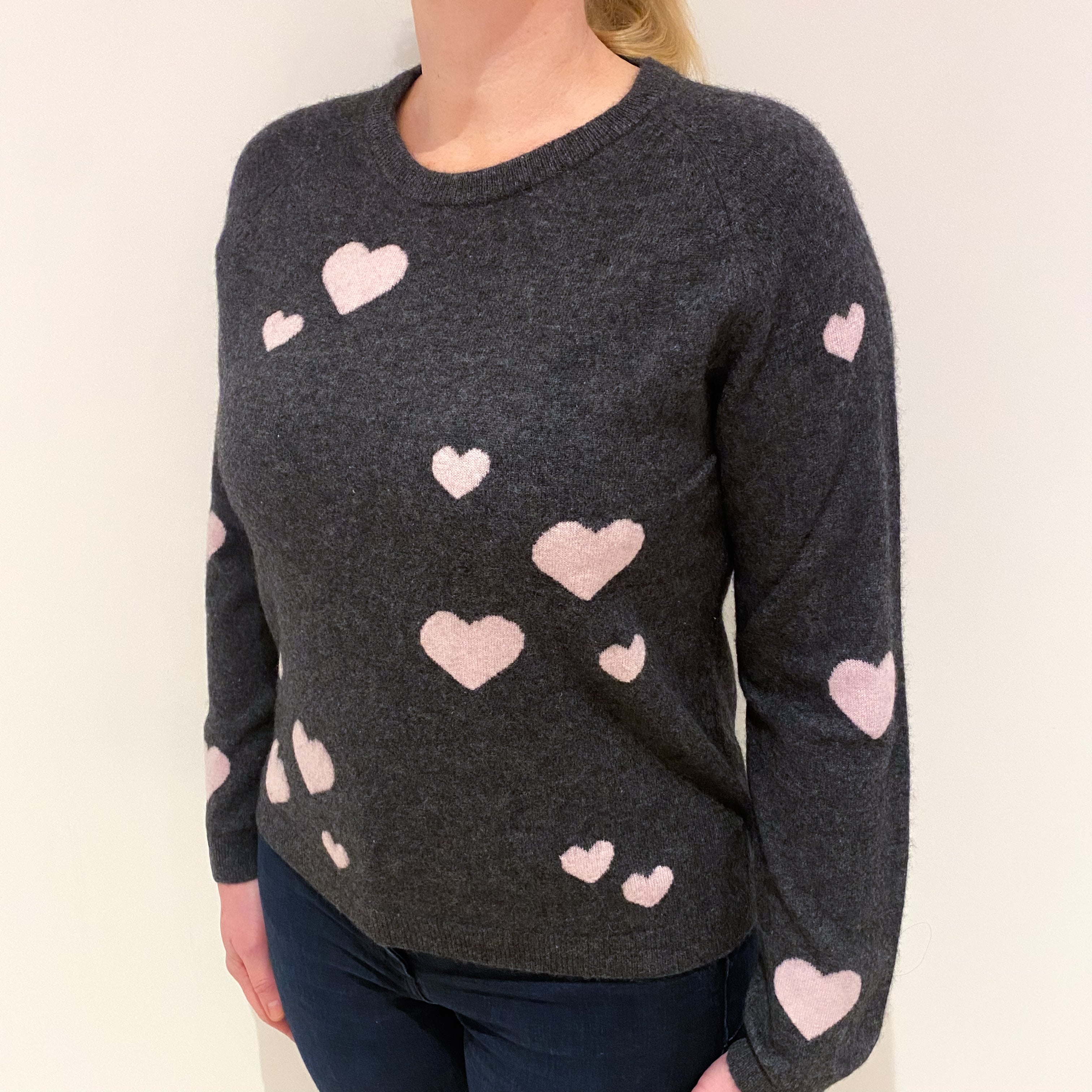 Slate Grey Pink Heart Cashmere Crew Neck Jumper Large