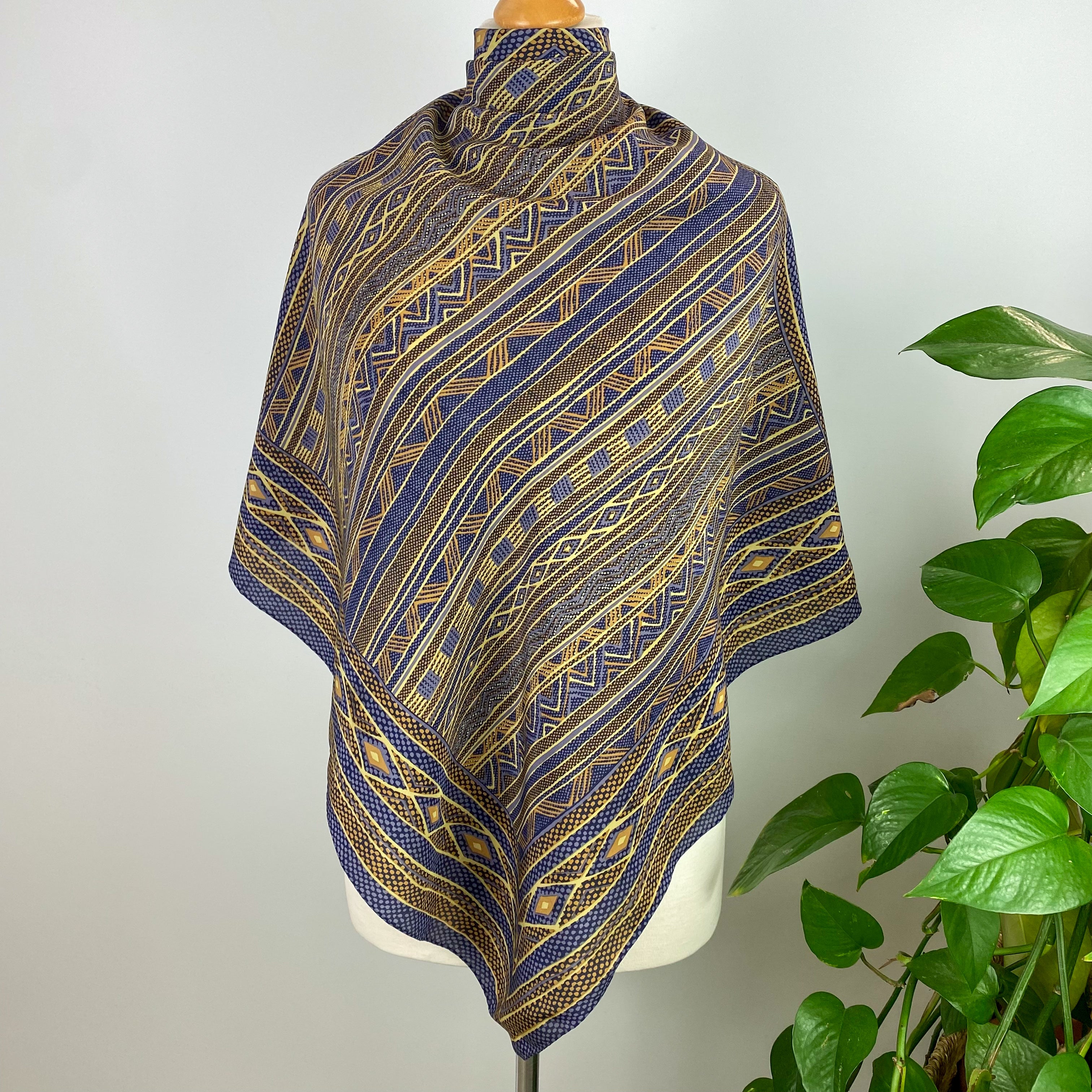 Abstract Blue, Tan and Black Vintage Silk Scarf