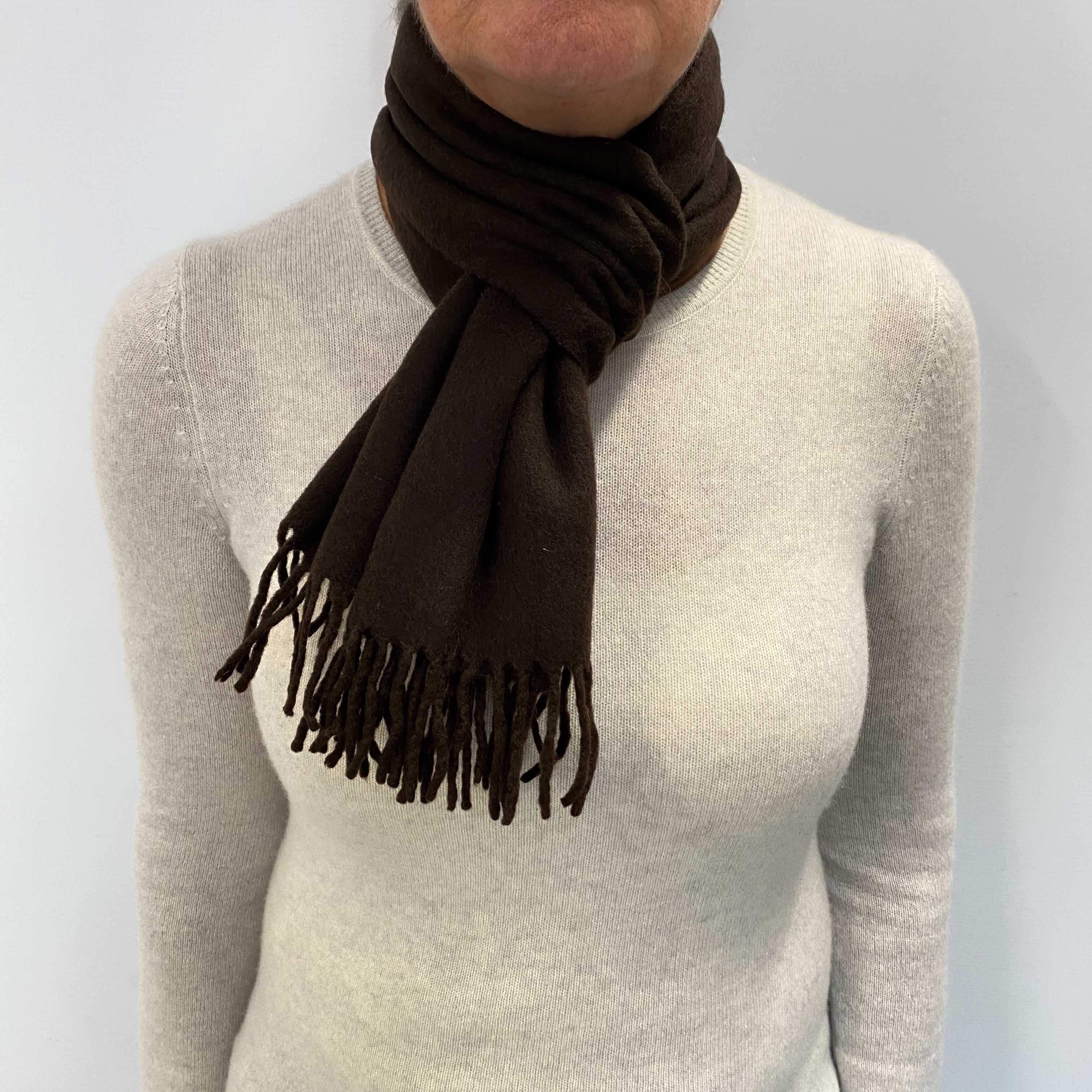 Dark Chocolate Brown Cashmere Woven Fringed Scarf