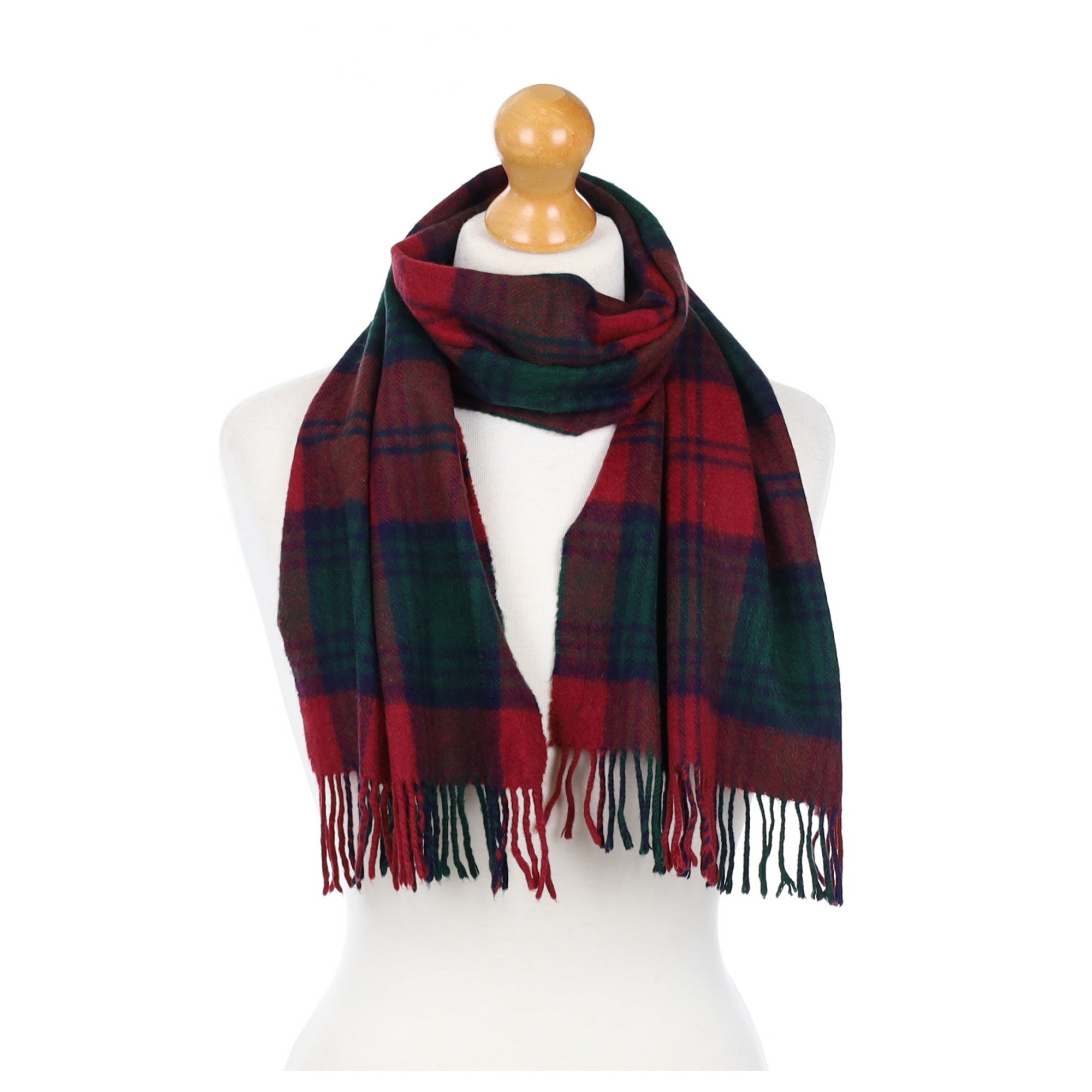 Crimson and Green Check Fringed Cashmere Woven Scarf