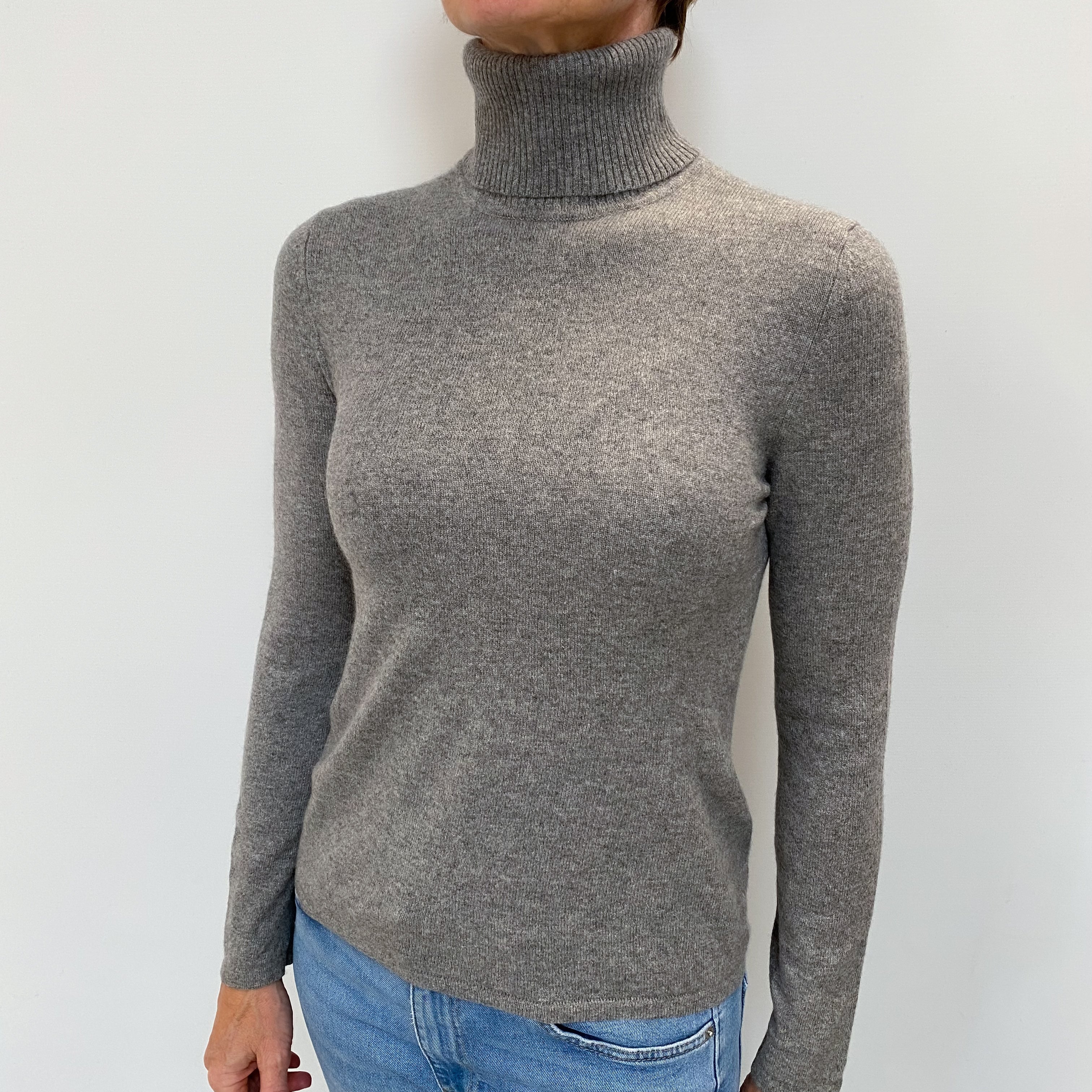 Ash Grey Cashmere Polo Neck Jumper Small