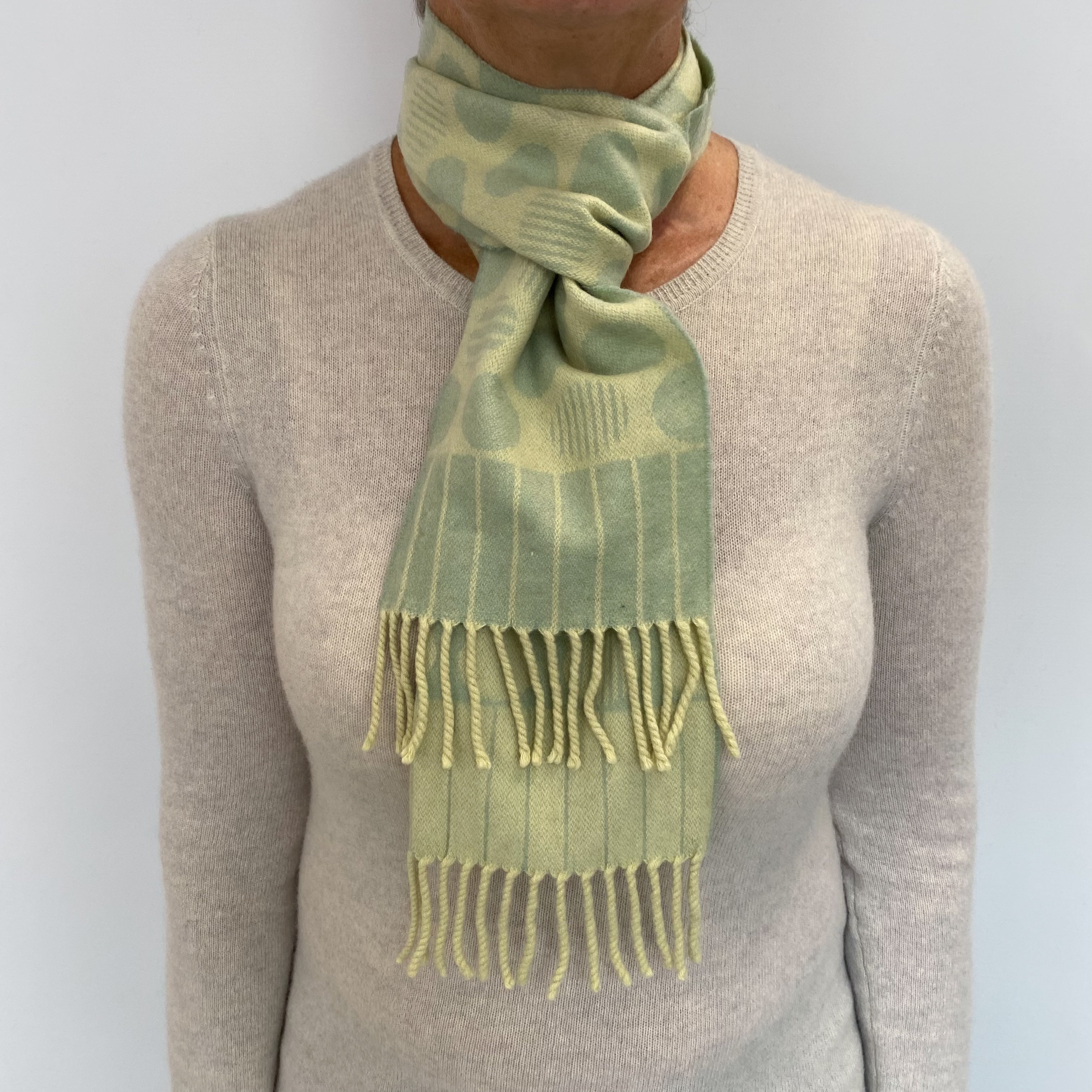 Mint and Pistachio Patterned Cashmere Woven Fringed Scarf