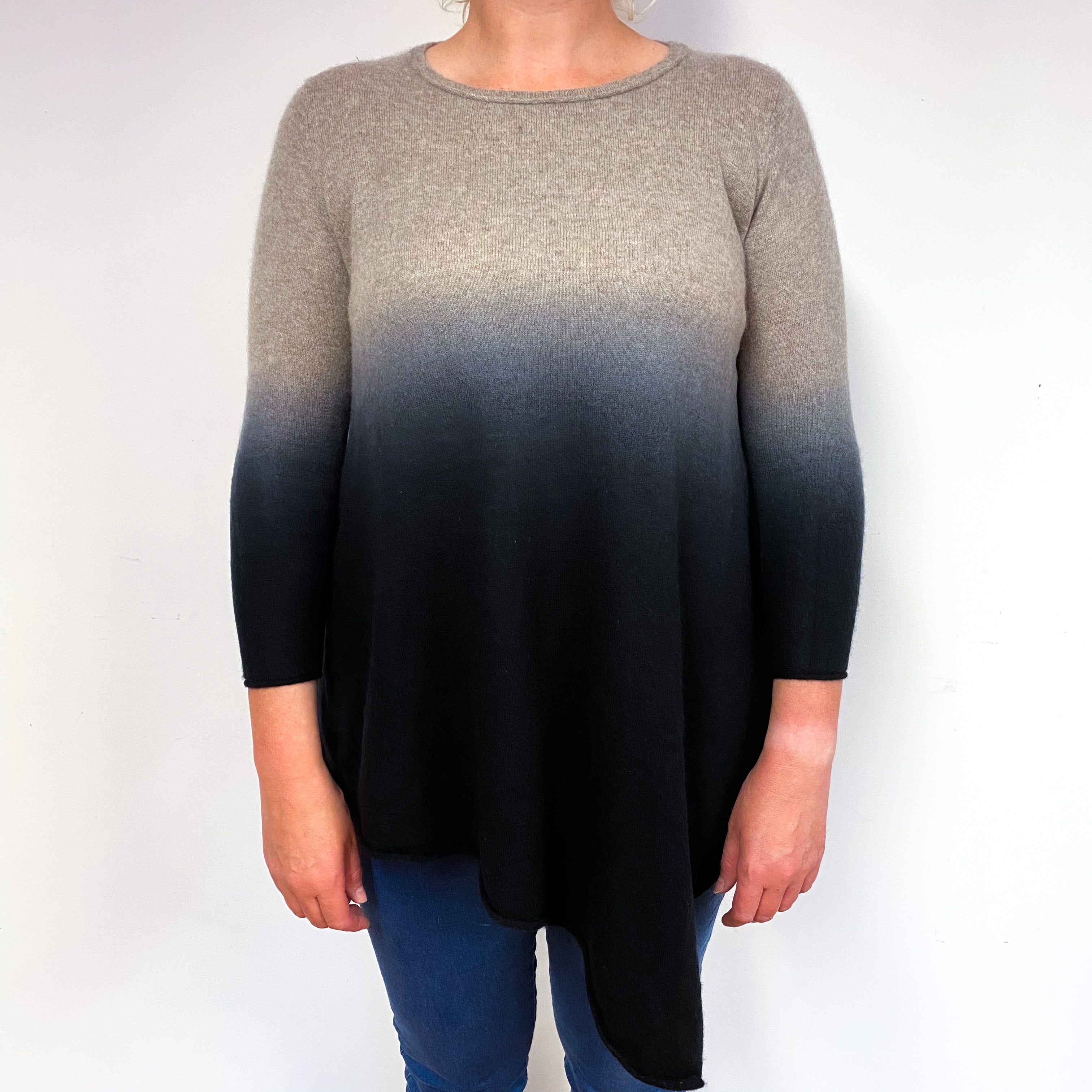 Mink Black Ombré Asymmetric Cashmere Crew Neck Jumper Large